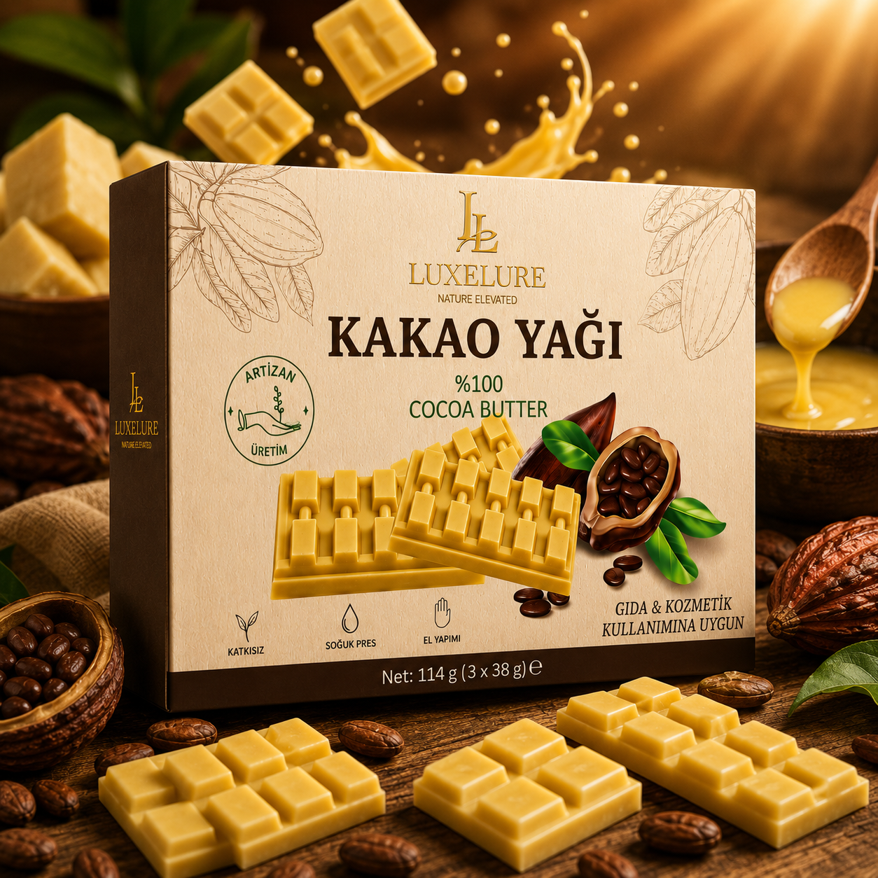 Luxelure Kakao Yağı %100 Saf Soğuk Pres 114 g (3 x 38 g) | Gıda ve Kozmetik Kullanımına Uygun Kare Form
