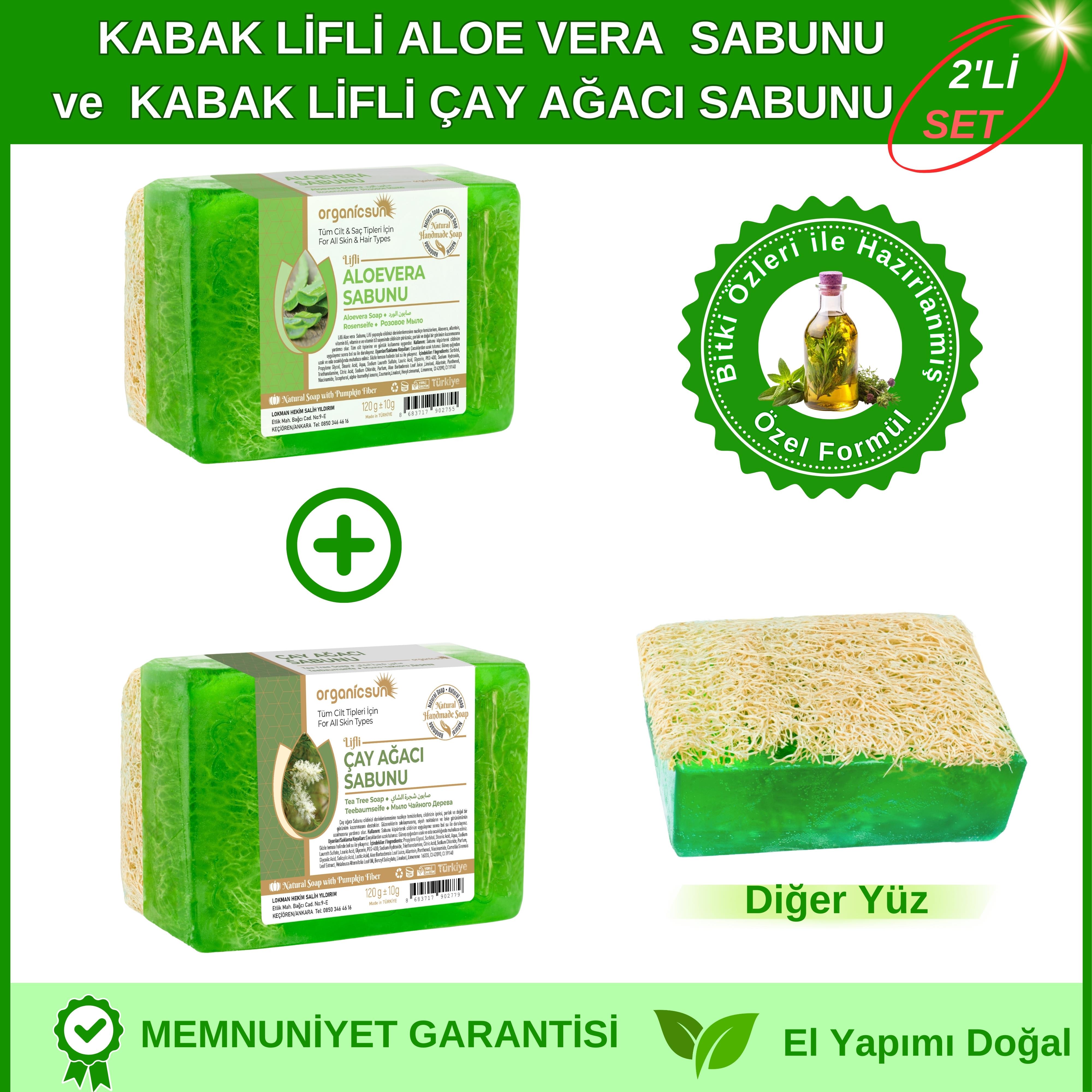 Organicsun 2'li Set Doğal Kabak Lifli Aloe Vera Sabunu ve Kabak Lifli Çay Ağacı Sabunu