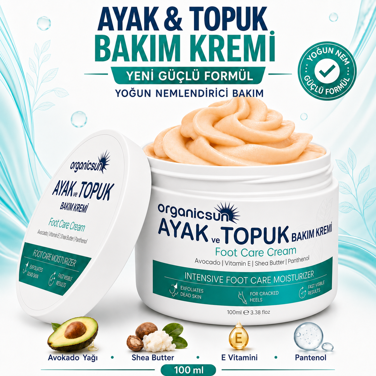 Organicsun Ayak ve Topuk Çatlak Bakım Kremi 100ml - Ayak Kokusu, Tırnak Bakımı Avokado ve Shea Yağlı Yoğun Nemlendirici