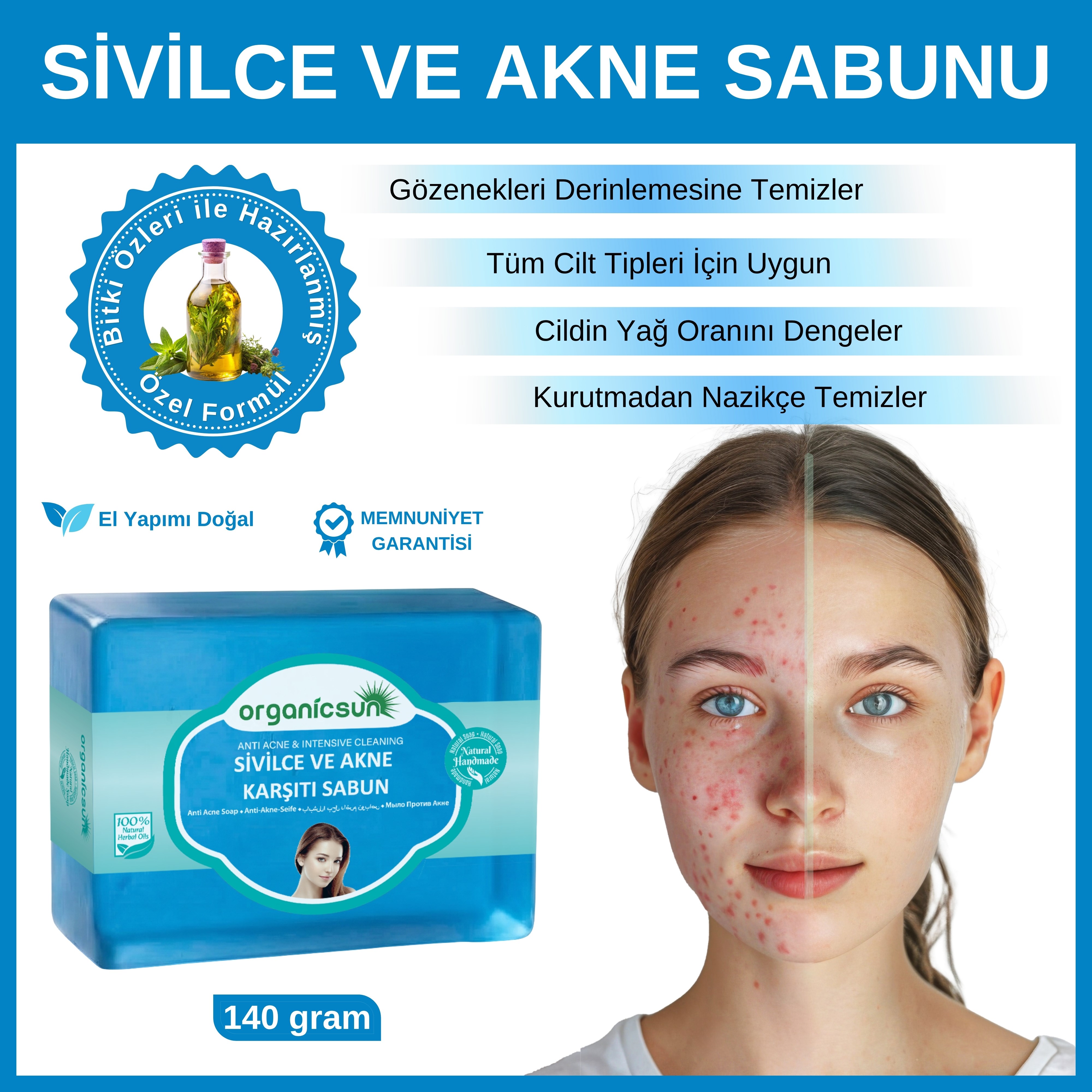 Organicsun Doğal Akne ve Sivilce Karşıtı Sabun 140 Gr Tüm Cilt Tipleri İçin Natural Sabun