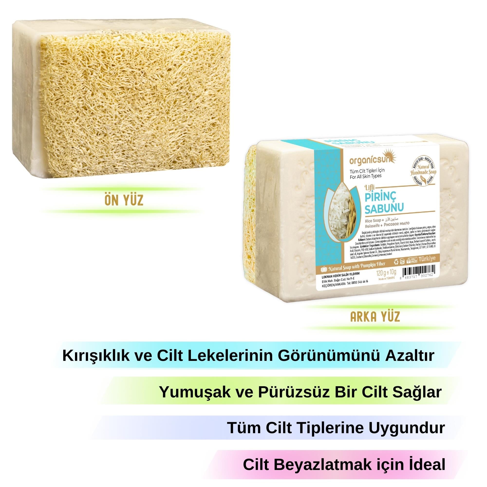Organicsun Doğal Kabak Lifli Pirinç Sabunu 120 Gr Tüm Cilt Tipleri İçin Beyazlatma Etkili E ve B Vitaminli