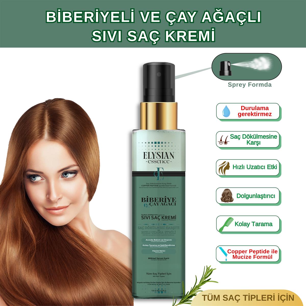Elysian Essence Biberiye & Çay Ağacı Sıvı Saç Kremi – Durulanmayan, Saç Dökülmesine Karşı, Hızlı Uzama Etkili Bakım Spreyi 150 ML