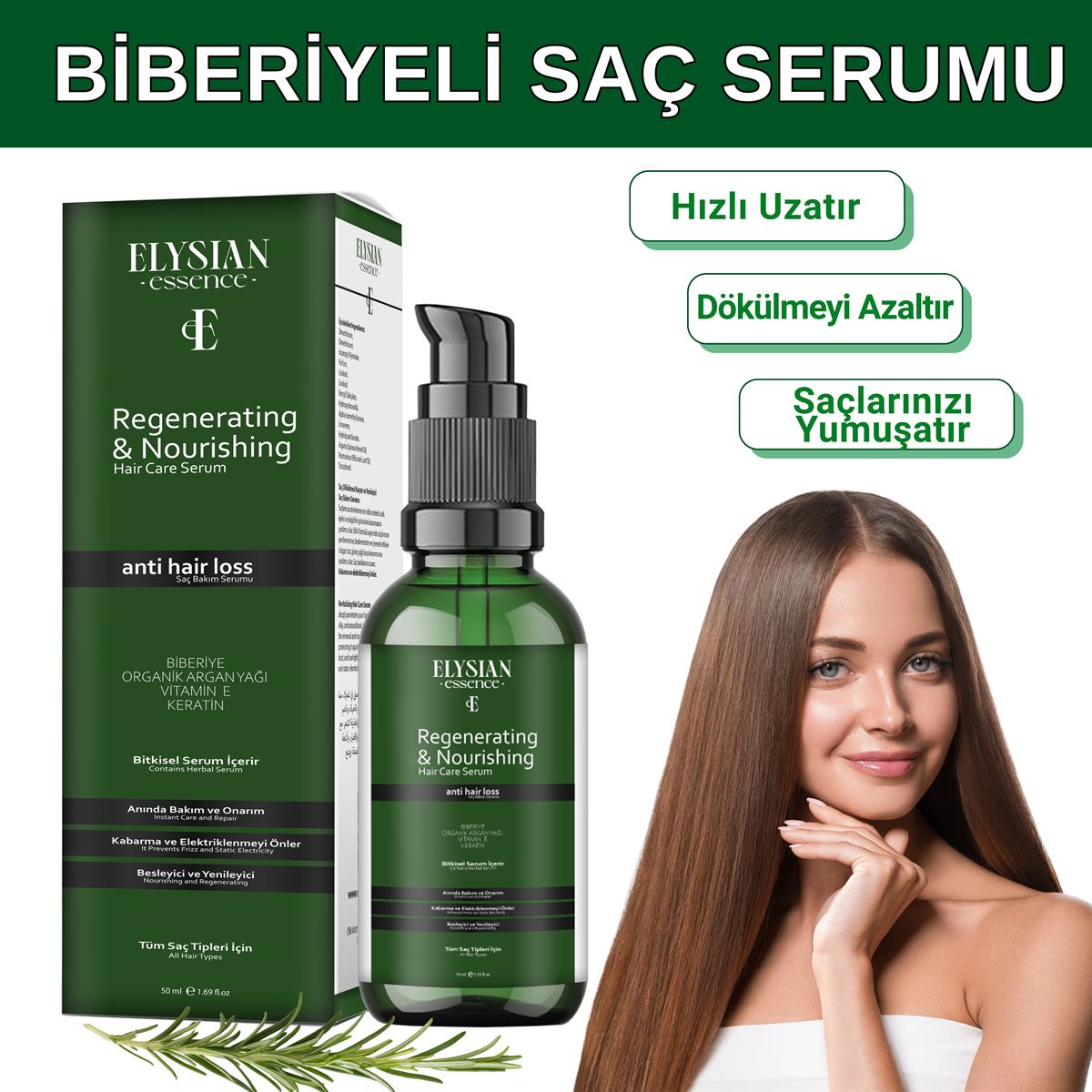 Elysian Essence Biberiyeli Saç Serumu Hızlı Uzama Etkili ve Dökülmeye Karşı - Organik Argan Yağı, Vitamin E, Keratin