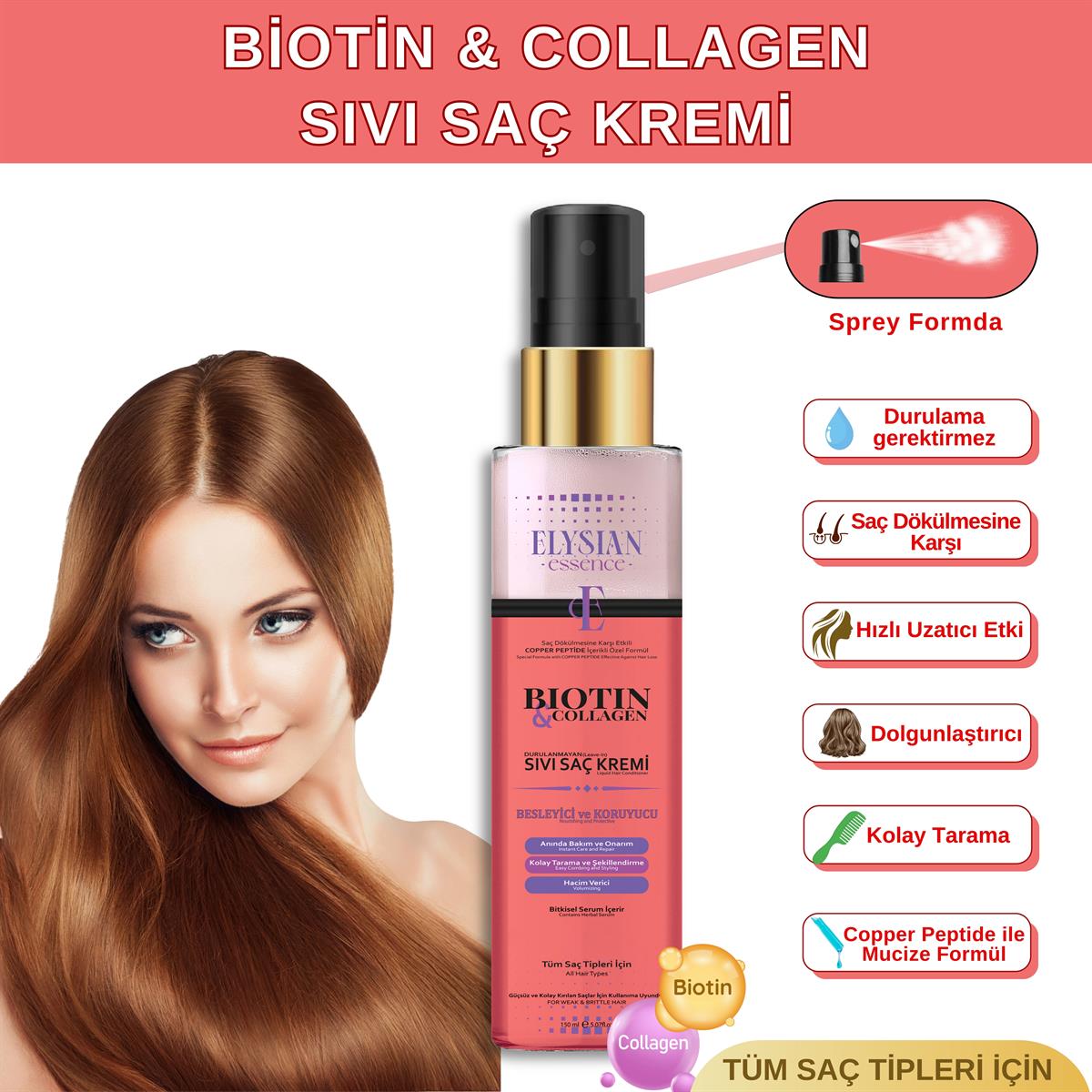 Elysian Essence Biotin & Collagen Sıvı Saç Kremi – Dökülme Karşıtı, Durulanmayan Sprey, Hızlı Uzatma Etkili, Besleyici ve Koruyucu 150 ML