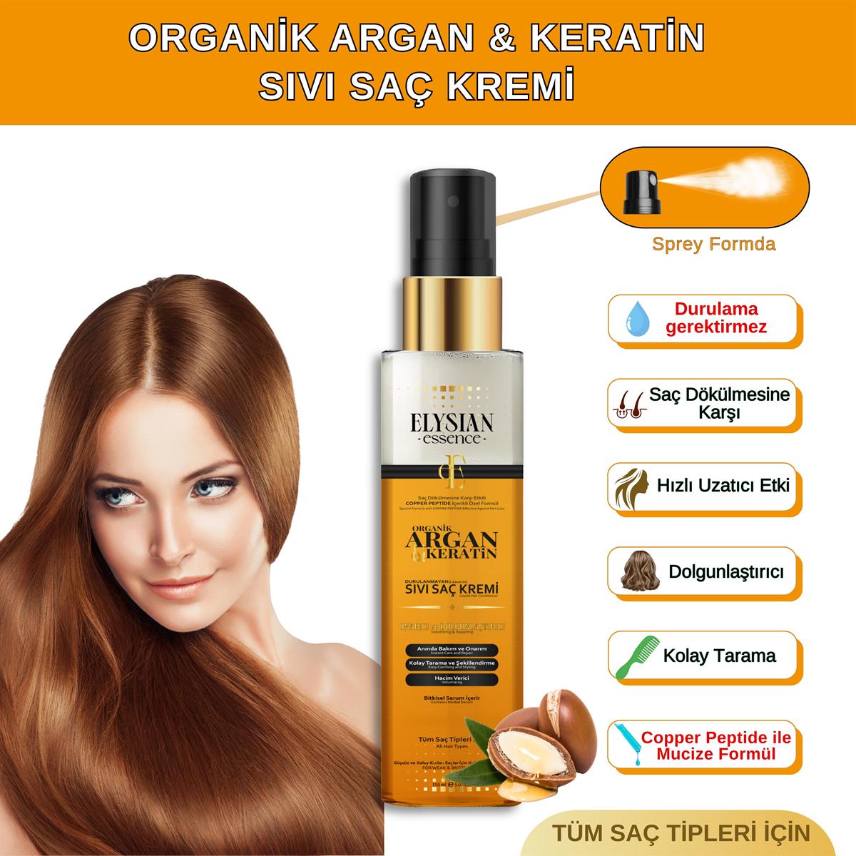 Elysian Essence Organik Argan & Keratin Sıvı Saç Kremi – Durulanmayan, Dökülme Karşıtı, Onarıcı ve Dolgunlaştırıcı Bakım Spreyi 150 ML