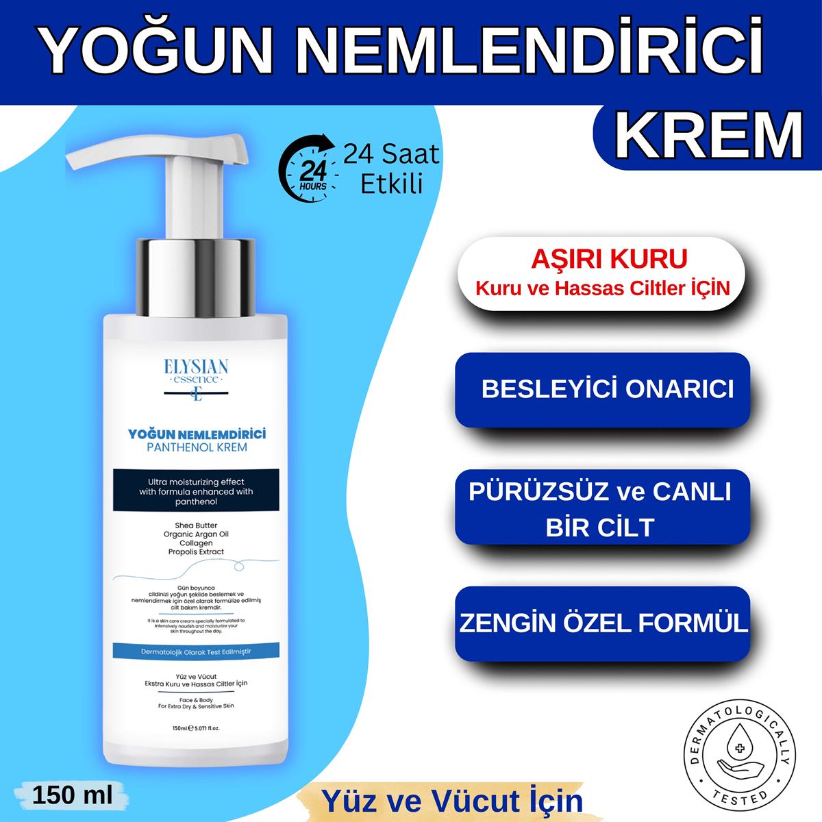 Elysian Essence Yoğun Nemlendirici Panthenol Yüz ve Vücut Kremi 150 ML | Kuru ve Hassas Ciltlere 24 Saat Bakım - Organik Argan Yağı, Shea Butter Yağı, Propolis ve Collagen İçerikli