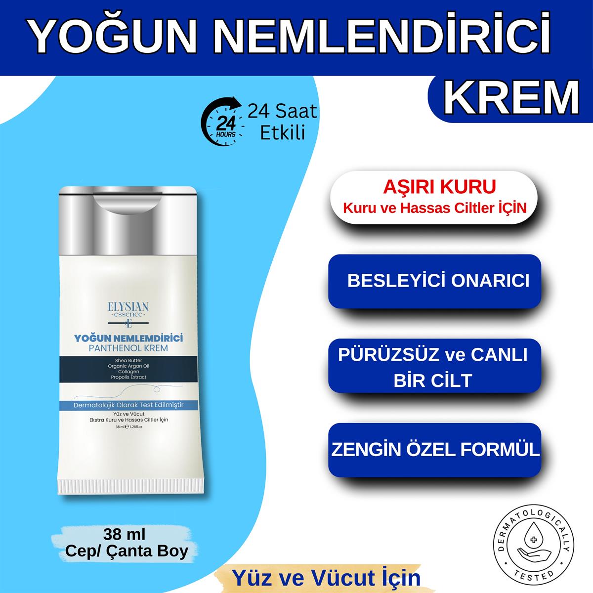 Elysian Essence Yoğun Nemlendirici Panthenol Yüz ve Vücut Kremi Cep, Çanta, Küçük Boy 38 ML | Kuru ve Hassas Ciltlere - Organik Argan Yağı, Shea Butter Yağı Propolis ve Collagen İçerikli