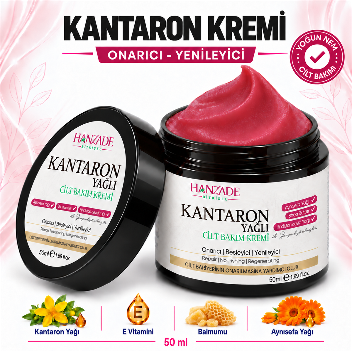 Hanzade Bitkisel Kantaron Yağlı Krem 50 ml – Nemlendirici Yüz, El ve Vücut Bakım Kremi, E Vitaminli