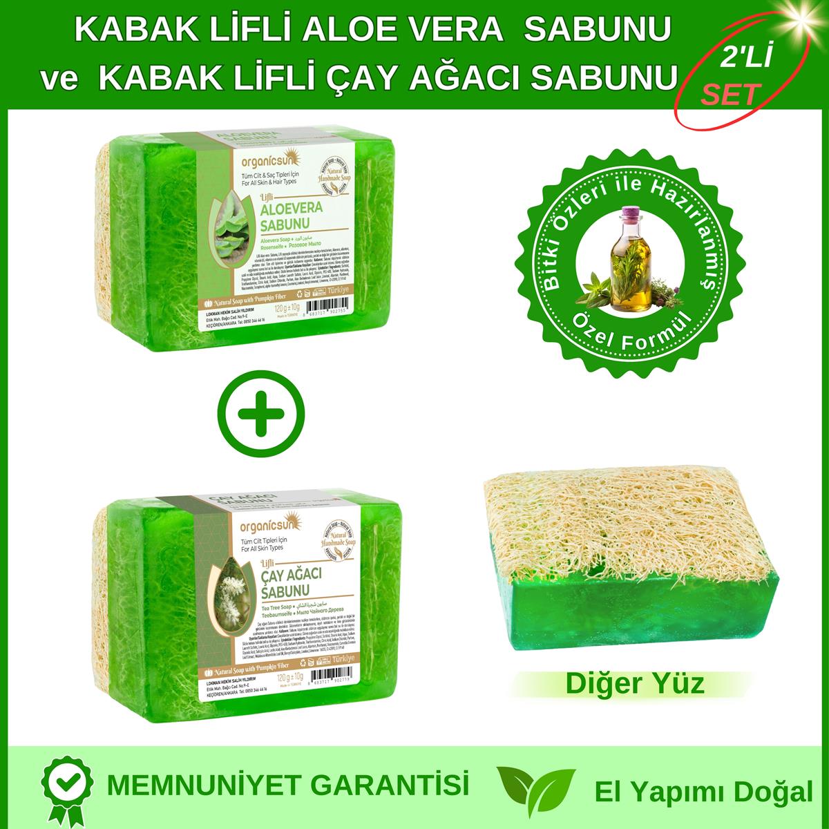Organicsun 2'li Set Doğal Kabak Lifli Aloe Vera Sabunu ve Kabak Lifli Çay Ağacı Sabunu