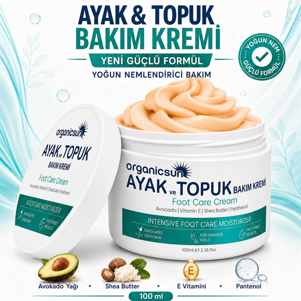 Organicsun Ayak ve Topuk Çatlak Bakım Kremi 100ml - Ayak Kokusu, Tırnak Bakımı Avokado ve Shea Yağlı Yoğun Nemlendirici