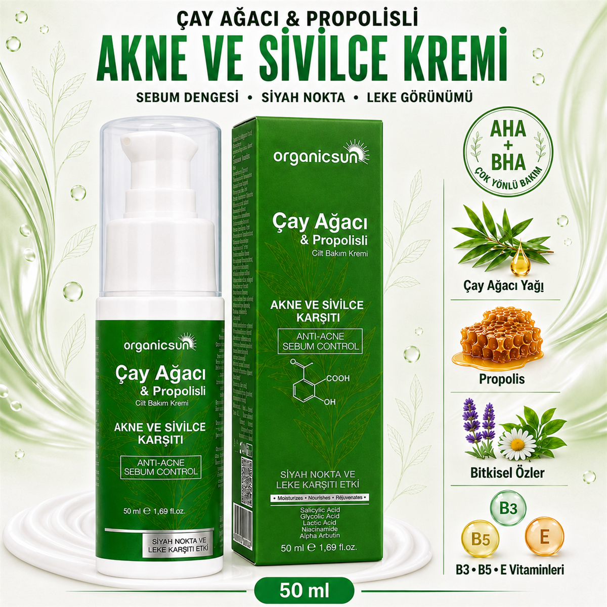 Organicsun Çay Ağacı ve Propolisli Akne ve Sivilce Karşıtı Cilt Bakım Kremi – Siyah Nokta ve Leke Görünümü Bakımı 50 ml