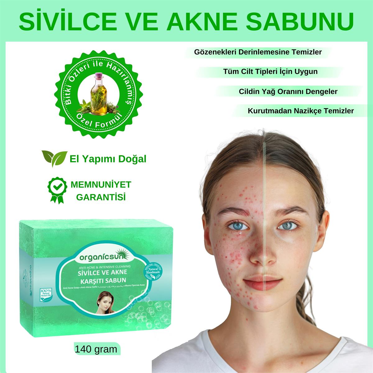 Organicsun Doğal Akne ve Sivilce Karşıtı Sabun 140 Gr Tüm Cilt Tipleri İçin Natural Sabun
