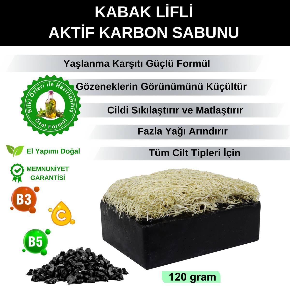 Organicsun Doğal Kabak Lifli Aktif Karbon Sabunu 120 Gr Kırışıklık ve Yaşlanma Karşıtı