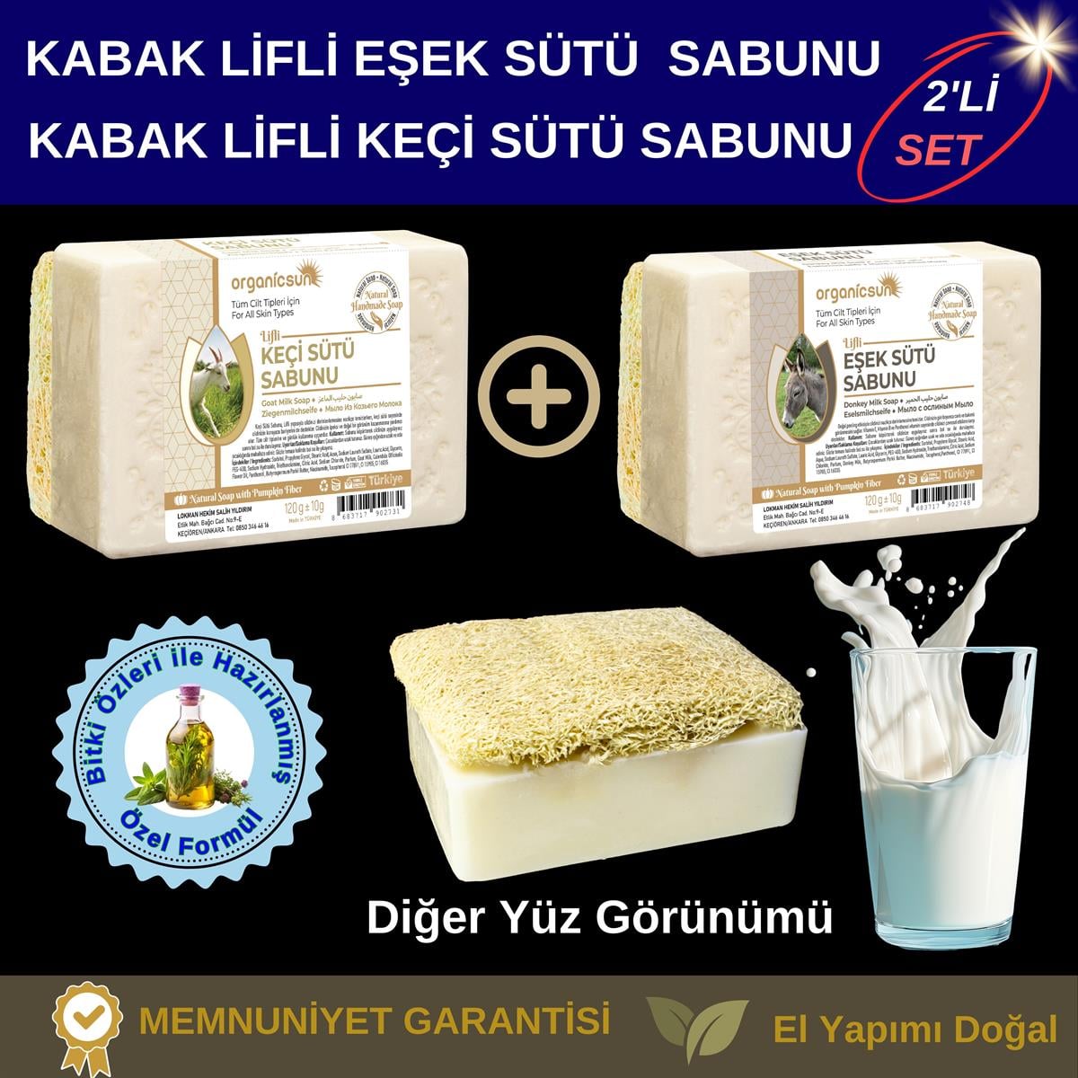 Organicsun Doğal Kabak Lifli Eşek Sütü Sabunu ve Kabak Lifli Keçi Sütü Sabunu 2'li Set