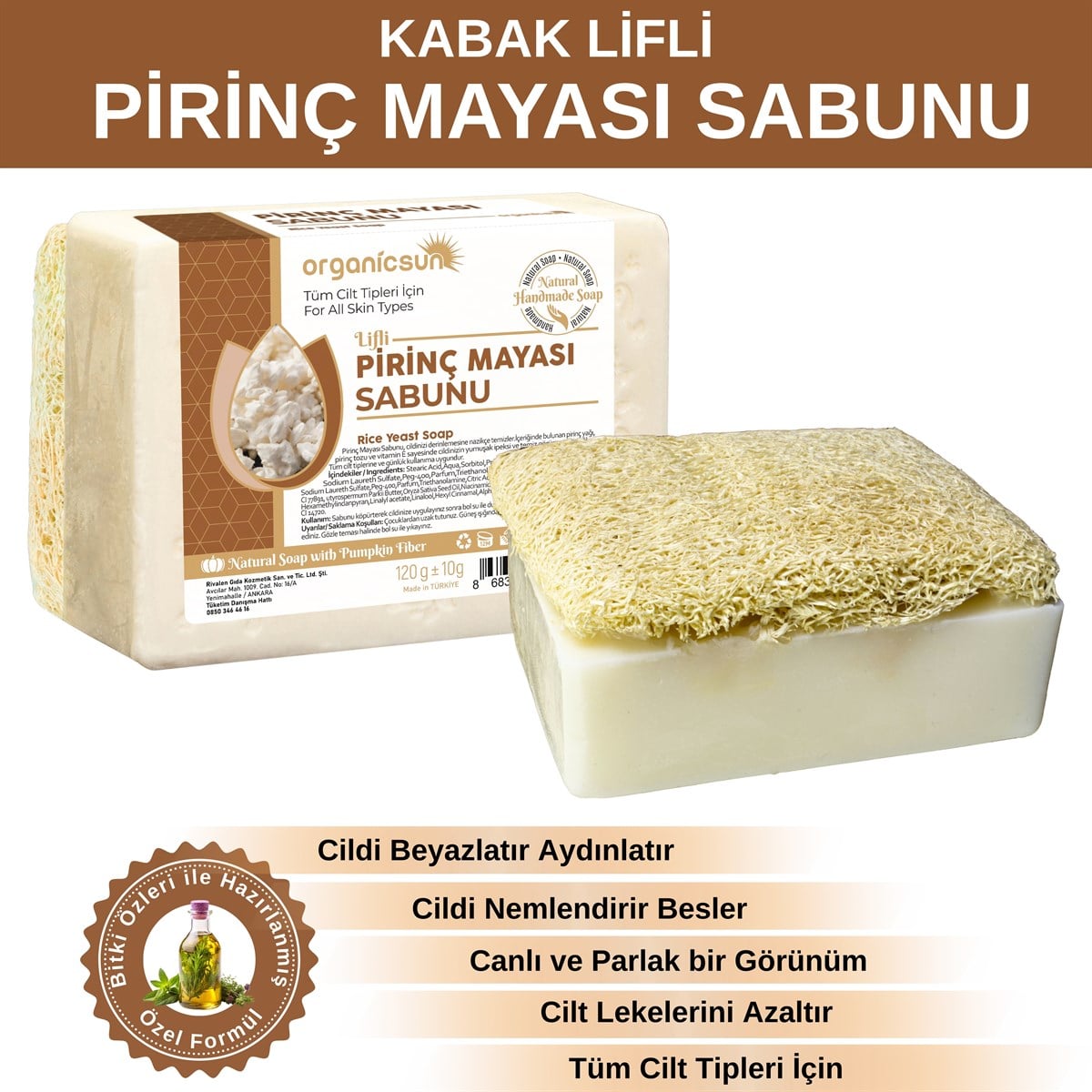 Organicsun Doğal Kabak Lifli Pirinç Mayası Sabunu 120 Gr - Tüm Cilt Tipleri - Beyazlatıcı ve Aydınlatıcı Etkili