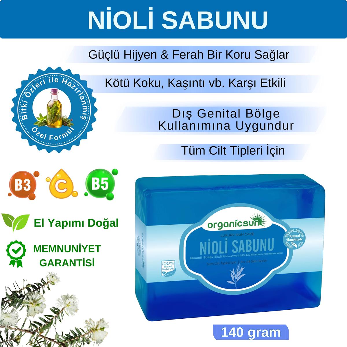 Organicsun Doğal Nioli Sabunu 140 Gr Tüm Cilt Tipleri İçin Kötü Koku ve Kaşıntı Karşıtı Nioli Yağı Sabunu