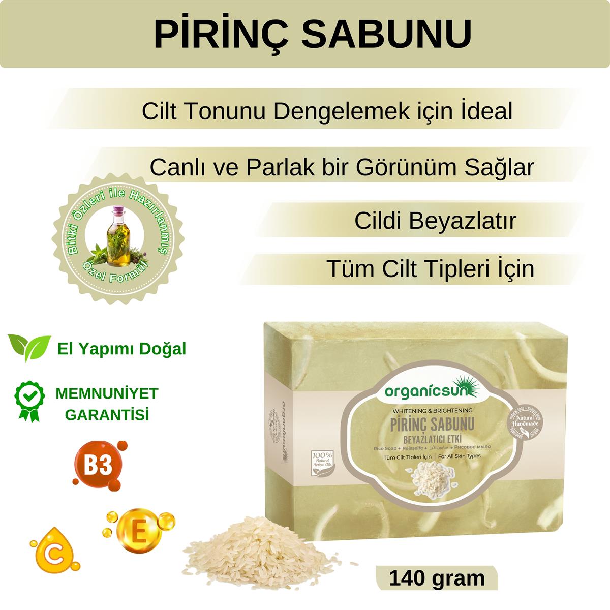 Organicsun Doğal Pirinç Sabunu 140 Gr Tüm Cilt Tipleri İçin Beyazlatıcı Etkili