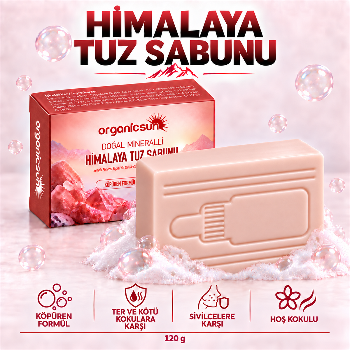 Organicsun Himalaya Tuz Sabunu 120 gr Köpüren Formül - Zengin Doğal Mineralli Pembe Himalaya Kaya Tuzu Sabunu