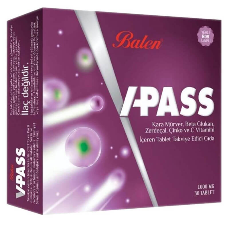Balen V-Pass Kara Mürver, Beta Glukan, Zerdeçal, Çinko ve C Vitamini 1000 Mg 30 Tablet