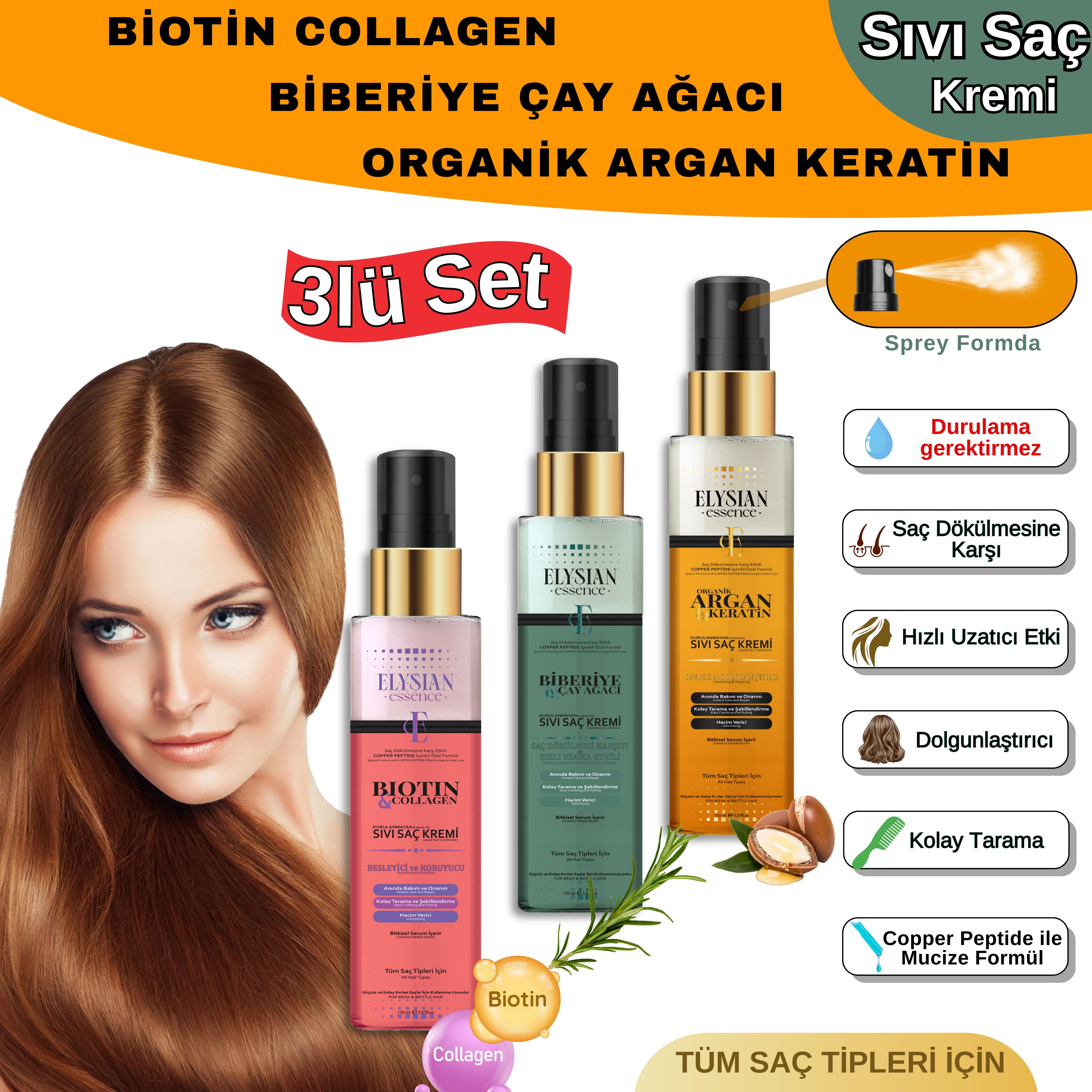 Elysian Essence 3'lü Sıvı Saç Kremi Seti - Biotin & Collagen - Organik Argan & Keratin - Biberiye & Çay Ağacı Durulanmayan, Saç Dökülmesi Karşıtı, Hızlı Uzama Etkili Bakım Spreyi