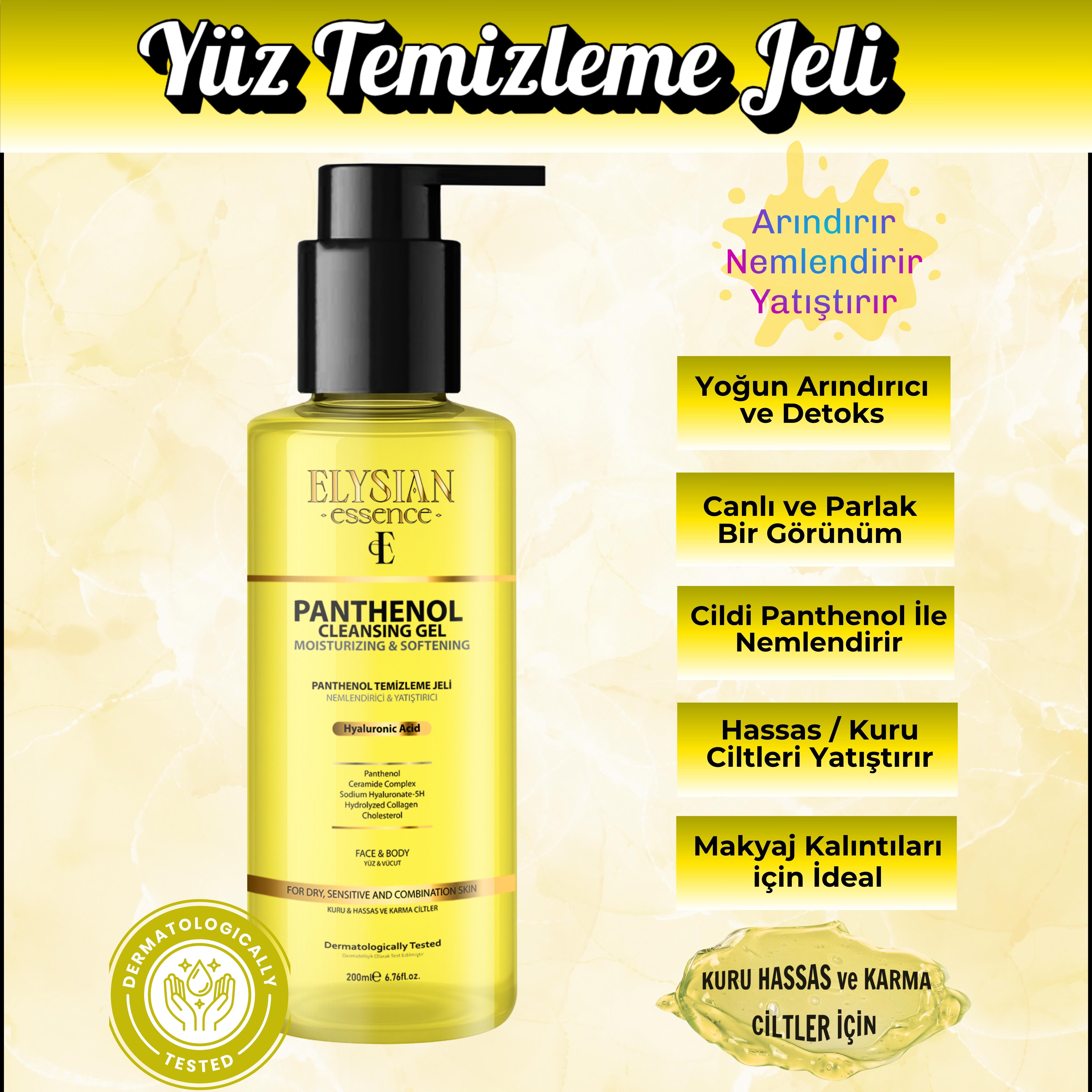 Elysian Essence Nemlendirici ve Yatıştırıcı Panthenol Yüz Temizleme Jeli - Kolajen & Hyaluronic Acid İlaveli 200 ml