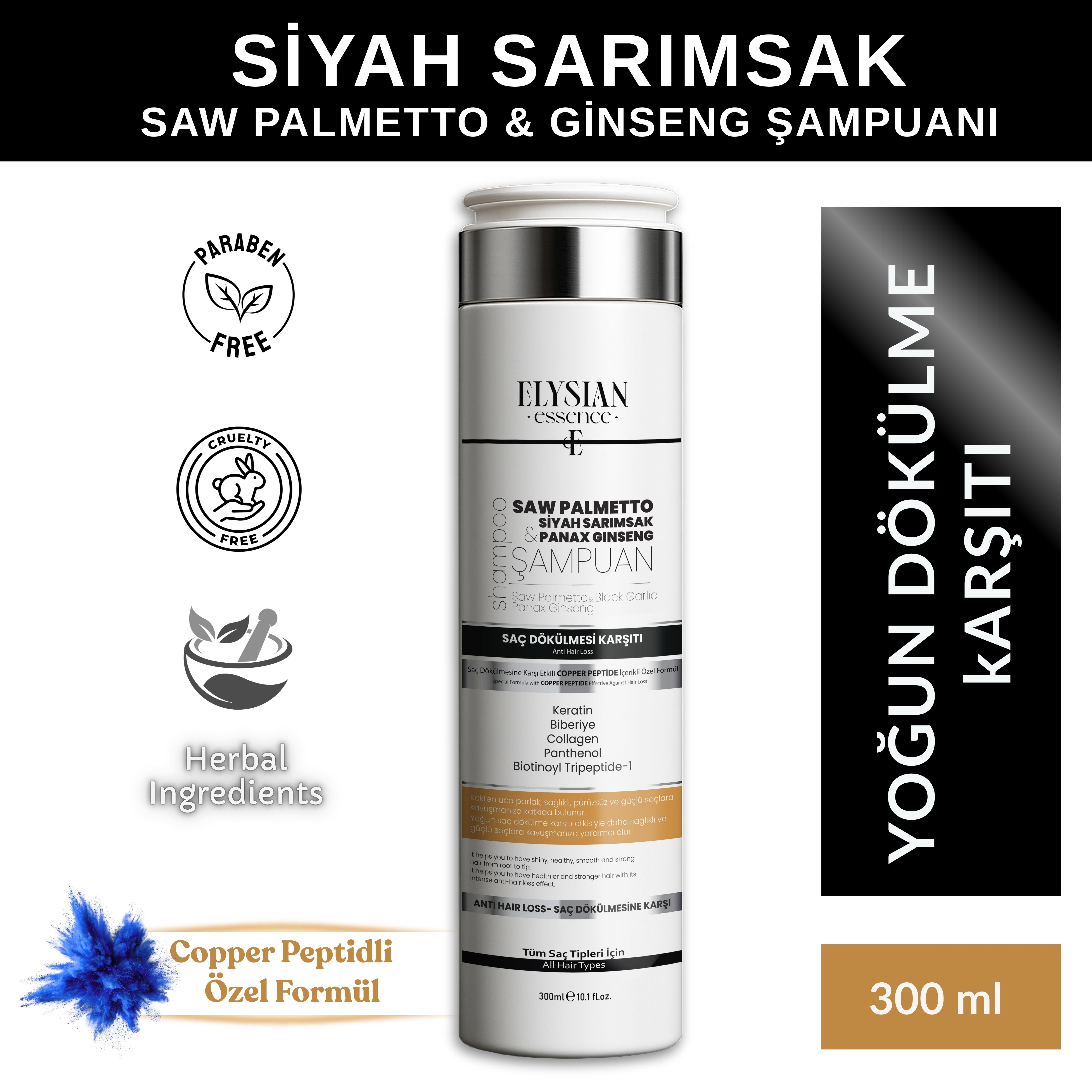 Elysian Essence Saw Palmetto & Siyah Sarımsak & Panax Ginseng Şampuanı | Copper Peptidli Saç Dökülmesine Karşı Bakım 300 ml