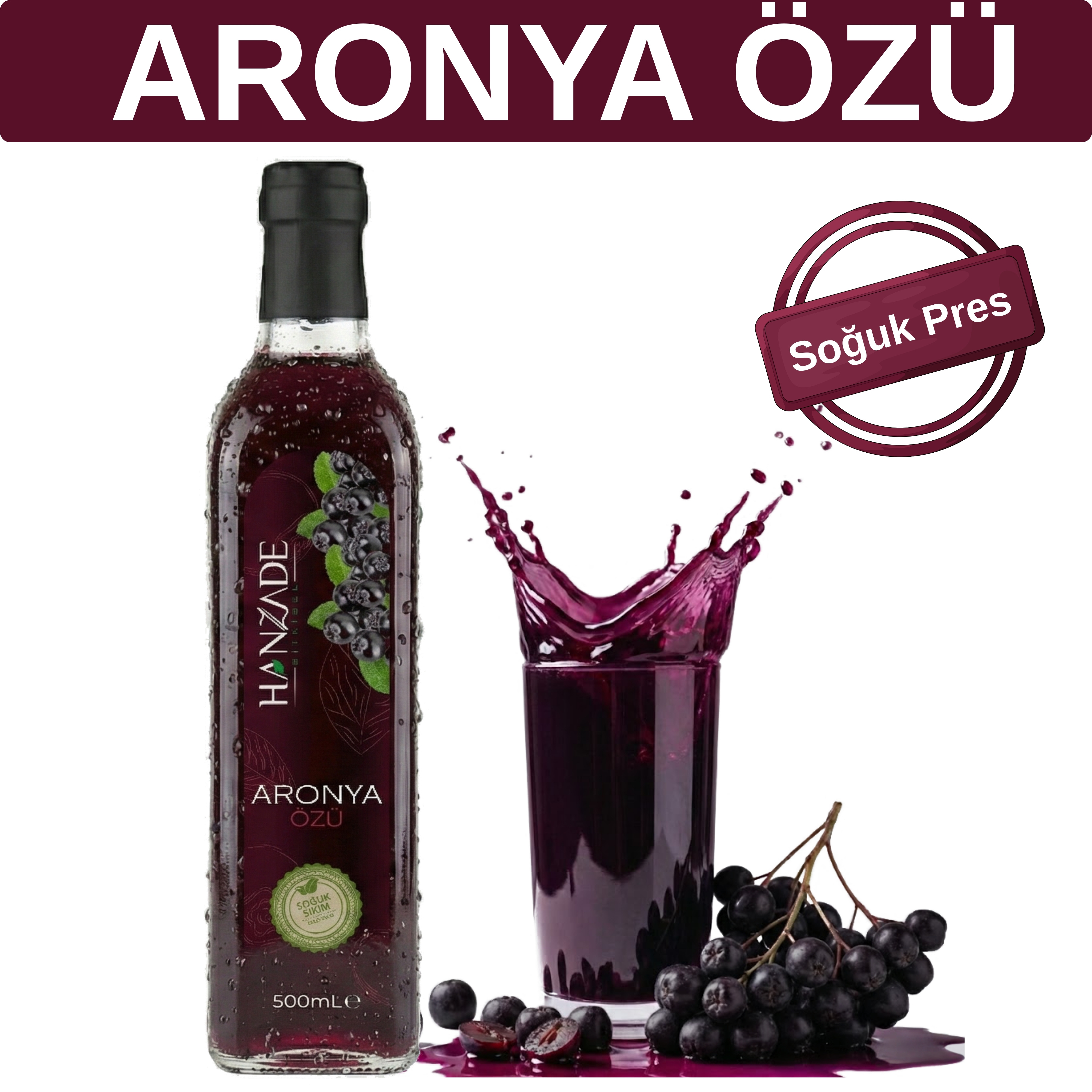 Hanzade Bitkisel Aronya Özü 500 ml – Soğuk Pres, Yoğun Tat, Cam Şişe