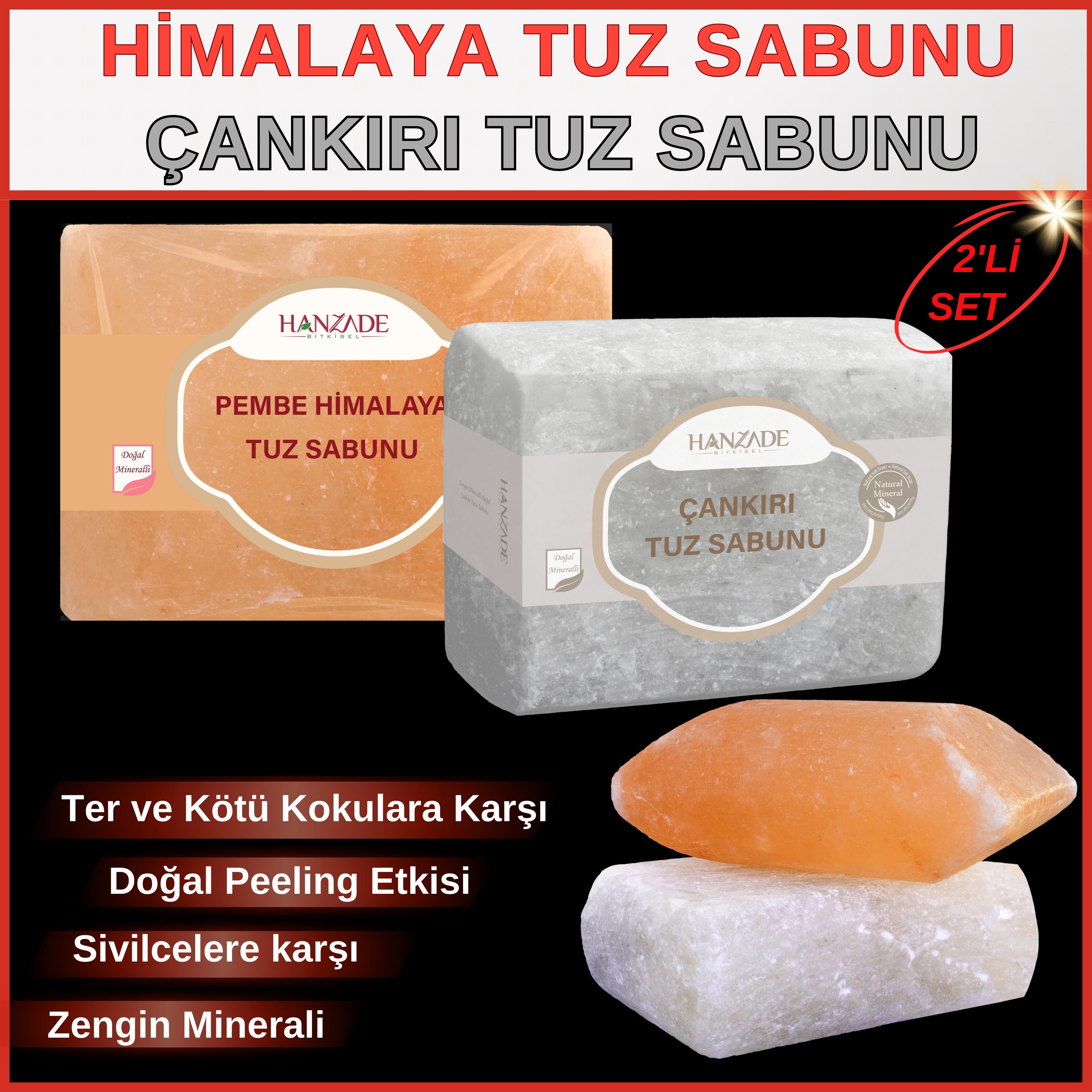 Hanzade Bitkisel Çankırı Tuz Sabunu + Himalaya Tuz Sabunu 2'li Set 300-350 Gr Zengin Mineralli Doğal Saf Kaya Tuzu Sabunu