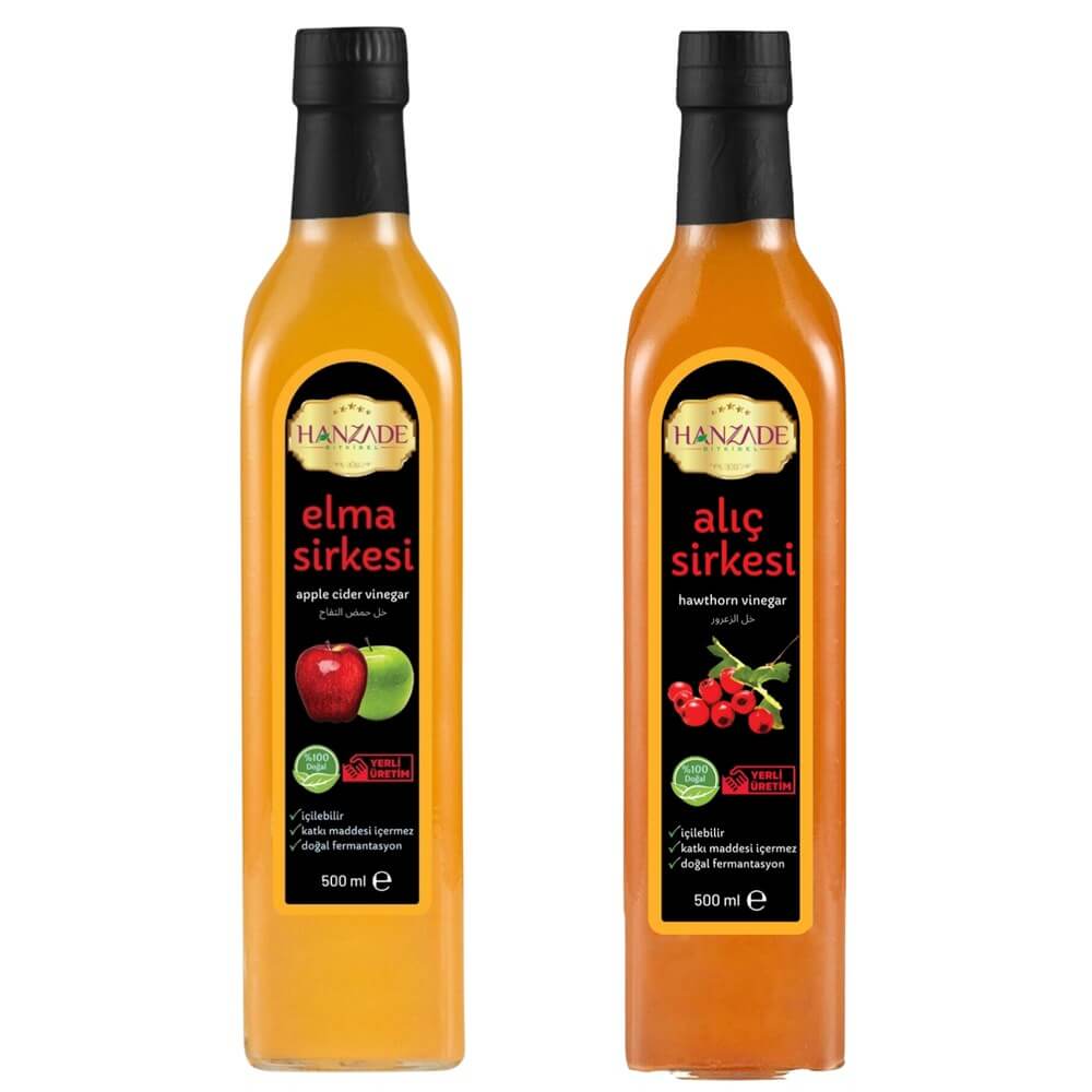 Hanzade Bitkisel Elma + Alıç Sirkesi 500 Ml 2'li Set Doğal Fermantasyon Içilebilir Katkısız Cam Şişe