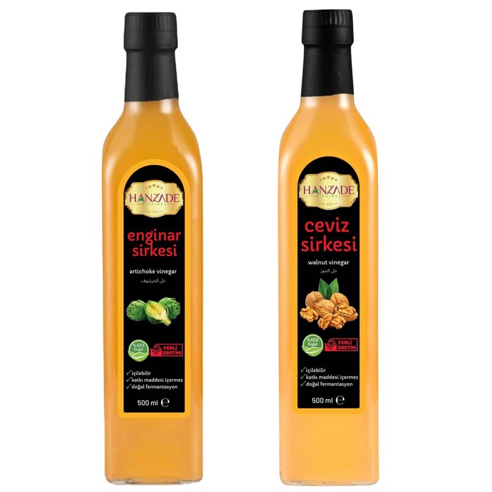 Hanzade Bitkisel Enginar + Ceviz Sirkesi 500 Ml 2'li Set Doğal Fermantasyon Içilebilir Katkısız Cam Şişe