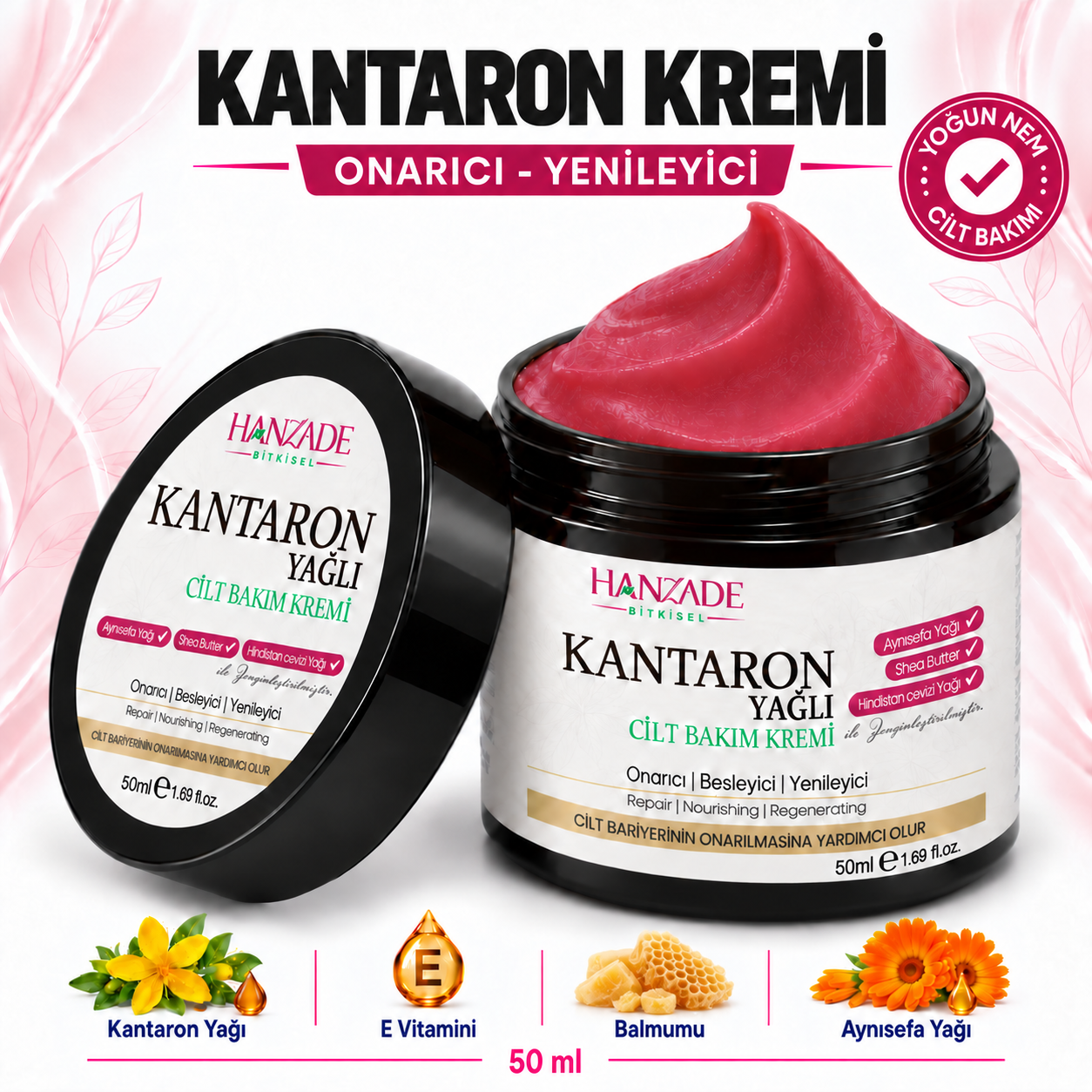 Hanzade Bitkisel Kantaron Yağlı Krem 50 ml – Nemlendirici Yüz, El ve Vücut Bakım Kremi, E Vitaminli