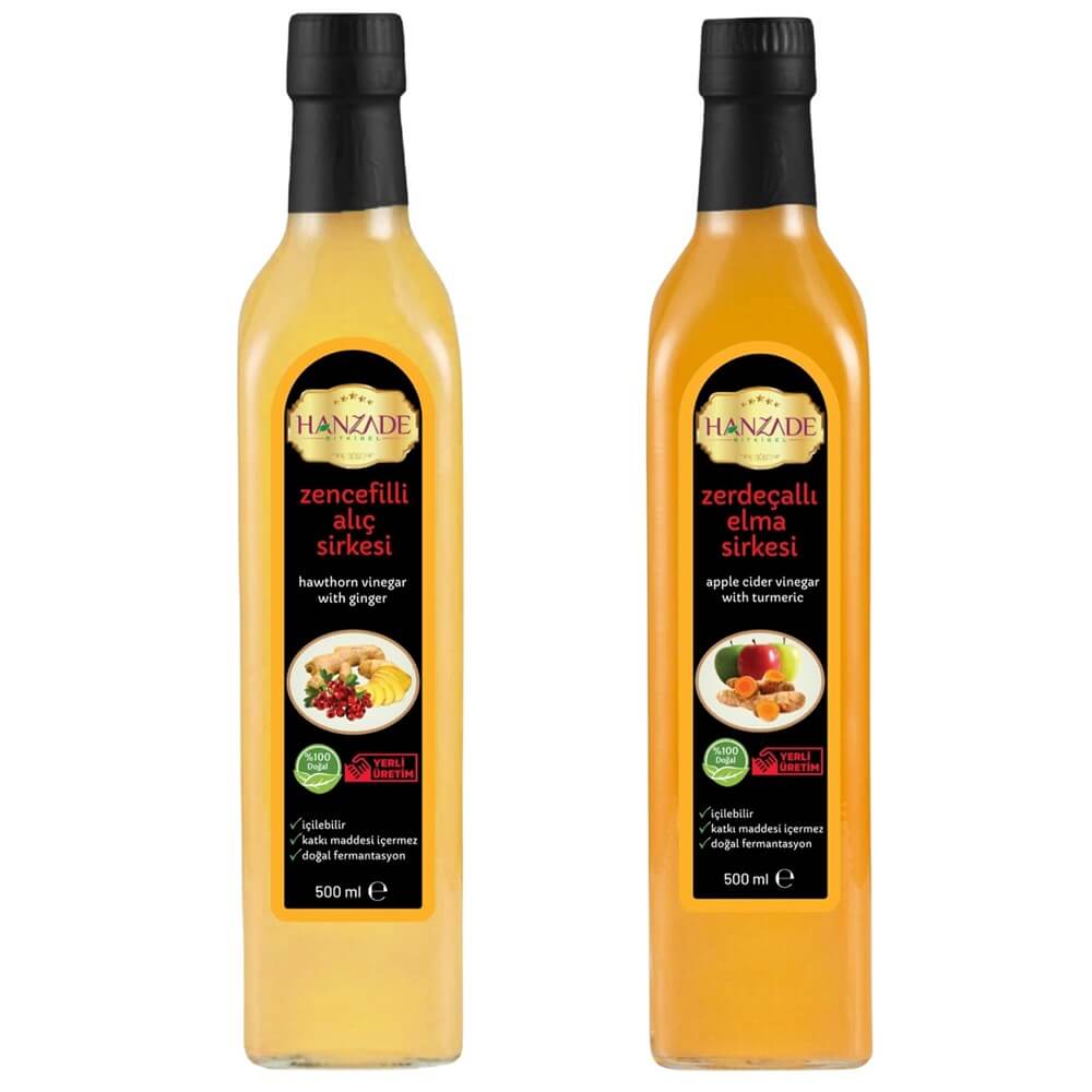 Hanzade Bitkisel Zencefilli Alıç + Zerdeçallı Elma Sirkesi 500 Ml 2li Set Doğal Fermante Içilebilir Katkısız Cam Şişe