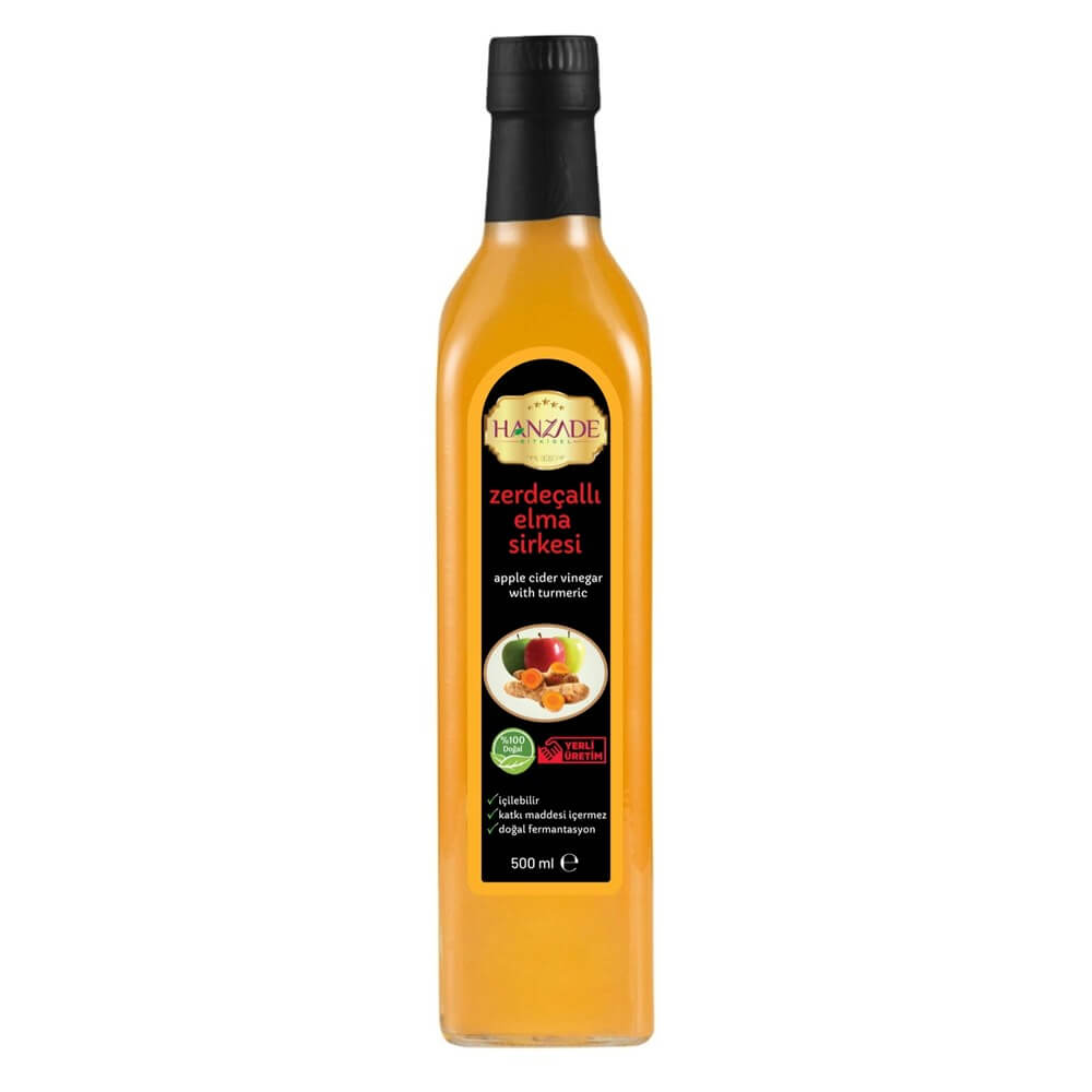 Hanzade Bitkisel Zerdeçallı Elma Sirkesi 500 Ml Doğal Fermantasyon Içilebilir Katkısız Cam Şişe