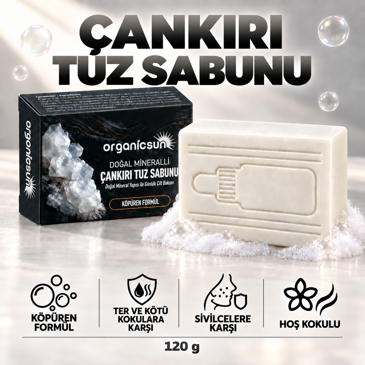 Organicsun Çankırı Tuz Sabunu 120 gr Köpüren Formül - Zengin Doğal Mineralli Kaya Tuzu Sabunu