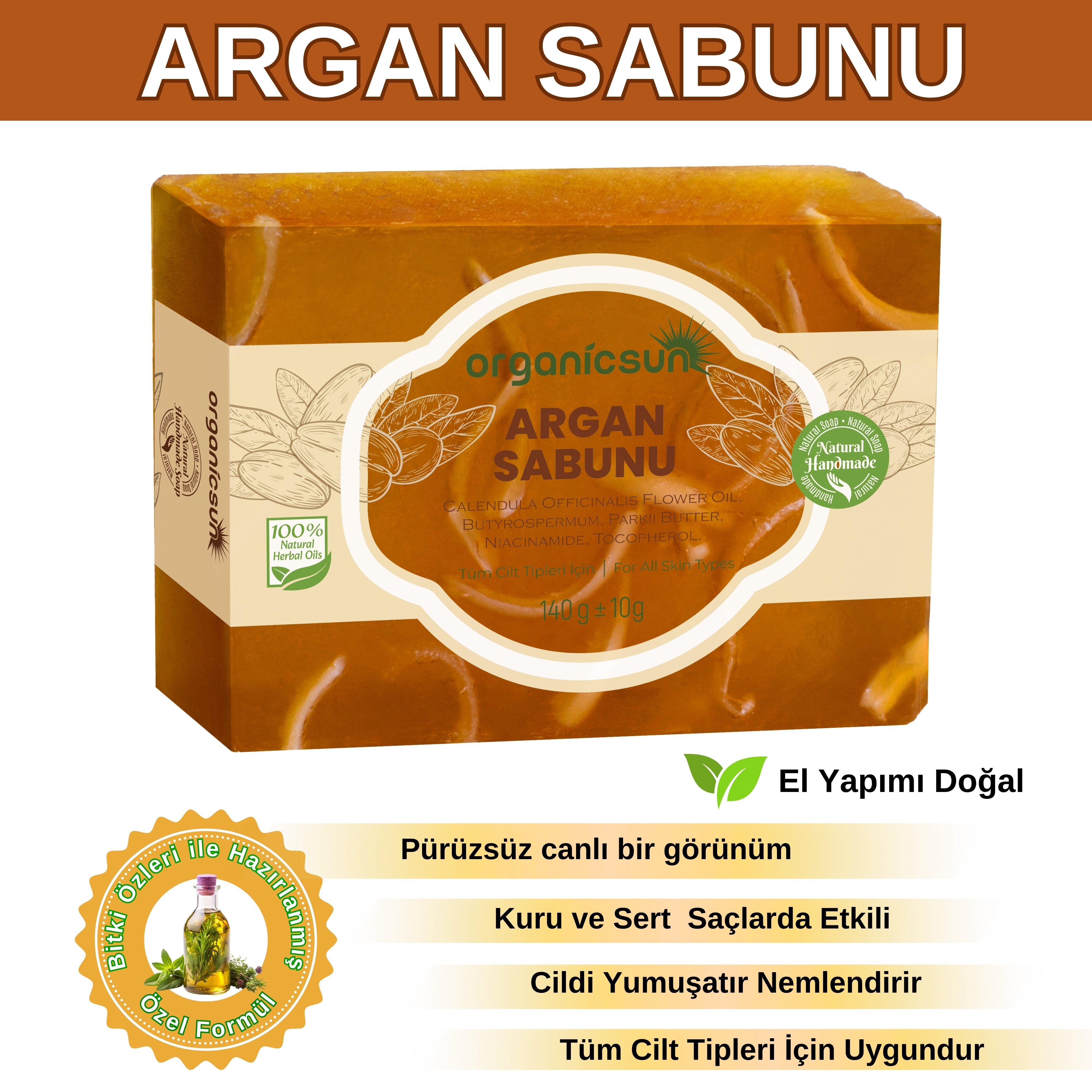 Organicsun Doğal Argan Sabunu 140 Gr - Tüm Cilt Tipleri İçin - Nemlendirici ve Besleyici Etki