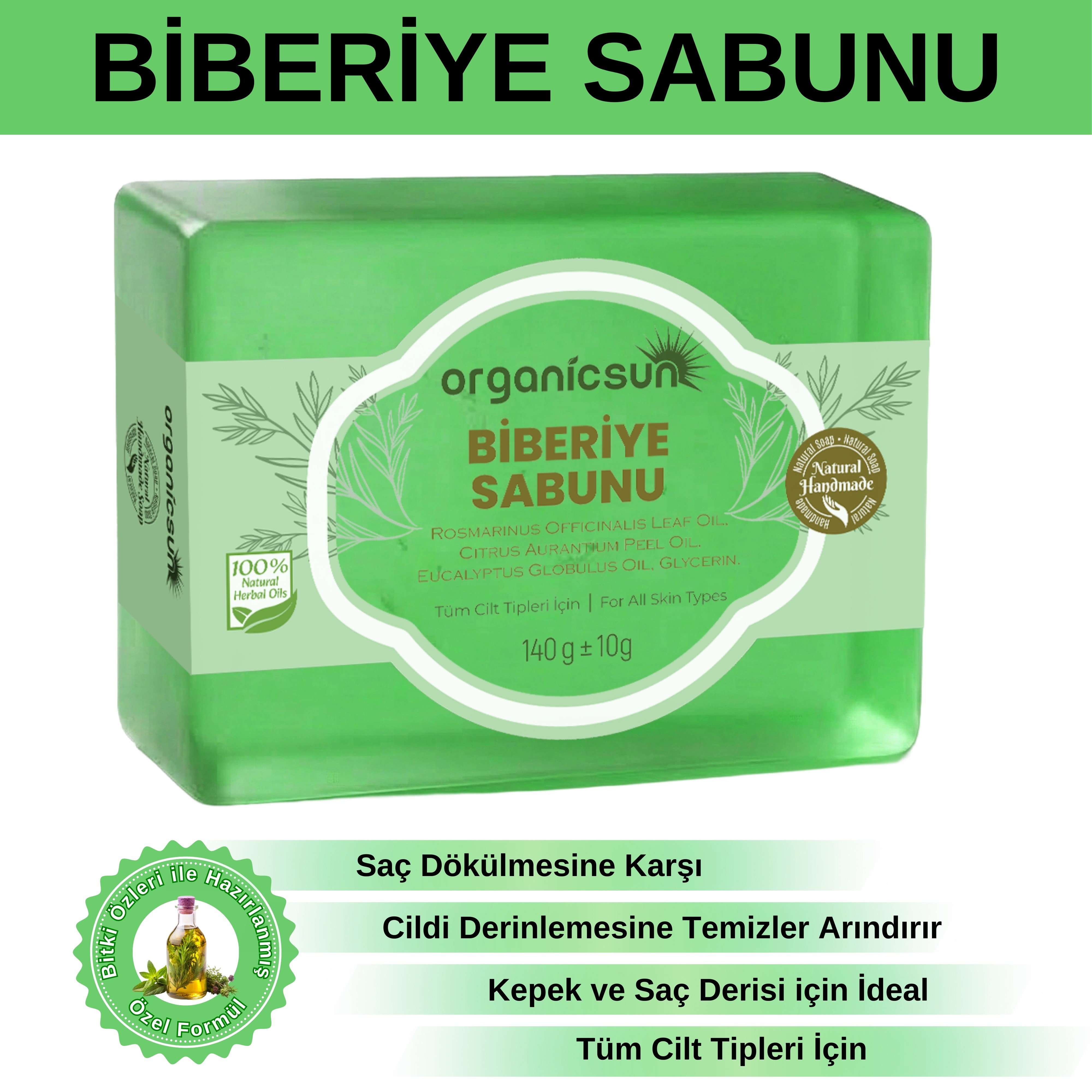 Organicsun Doğal Biberiye Sabunu 140 Gr - Saç Dökülmesine Karşı | Yüz Vücut ve Saç İçin Kullanıma Uygun