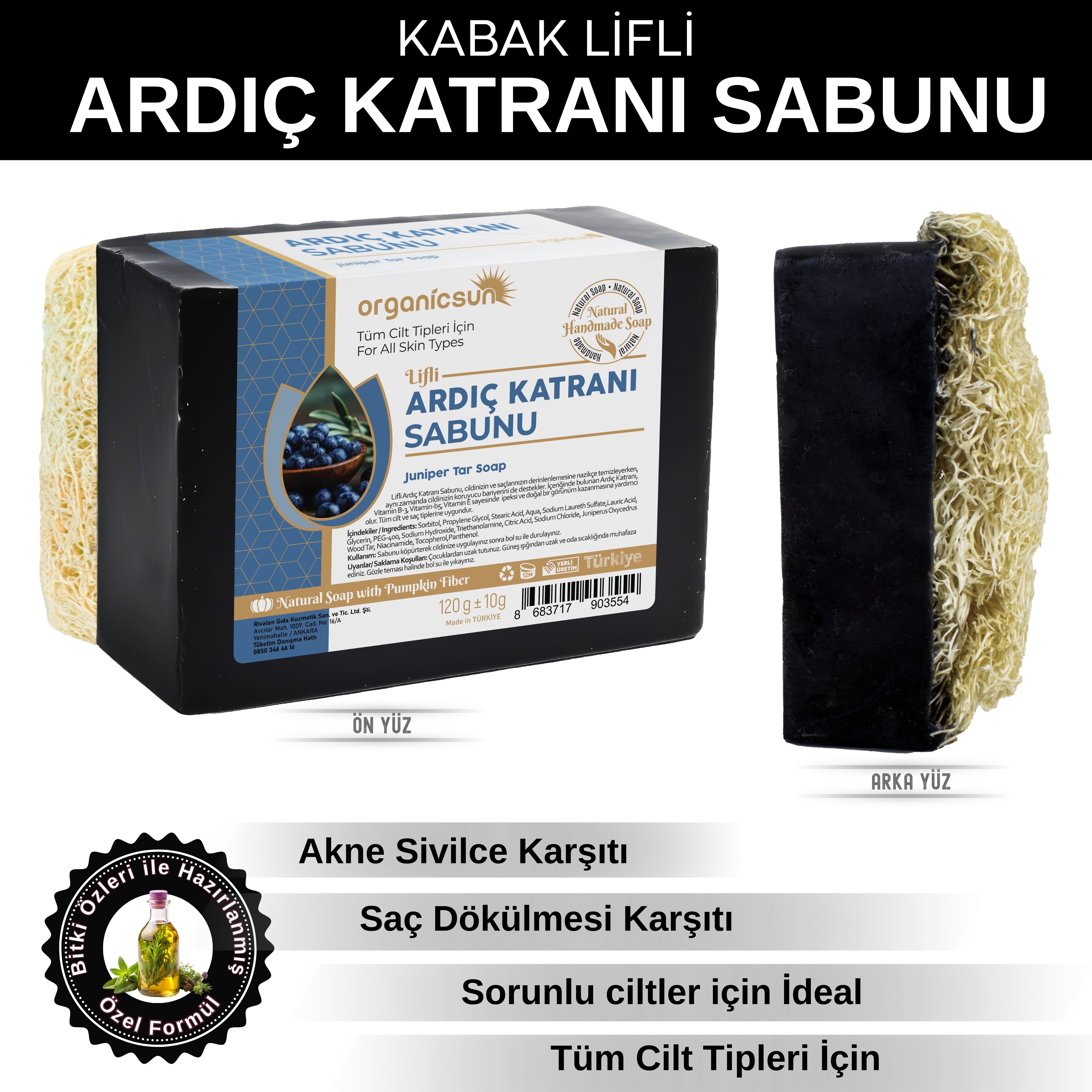 Organicsun Doğal Kabak Lifli Ardıç Katranı Sabunu 120 Gr Tüm Cilt Tipleri İçin Antiseptik ve Yenileyici Etkili
