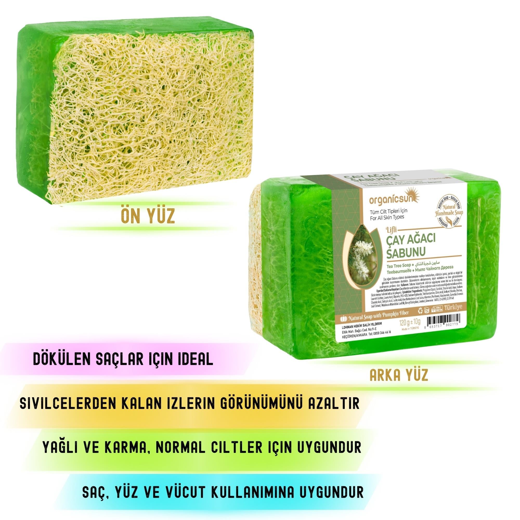 Organicsun Doğal Kabak Lifli Çay Ağacı Sabunu 120 Gr Tüm Cilt Tipleri İçin Sivilce ve Siyah Nokta Karşıtı