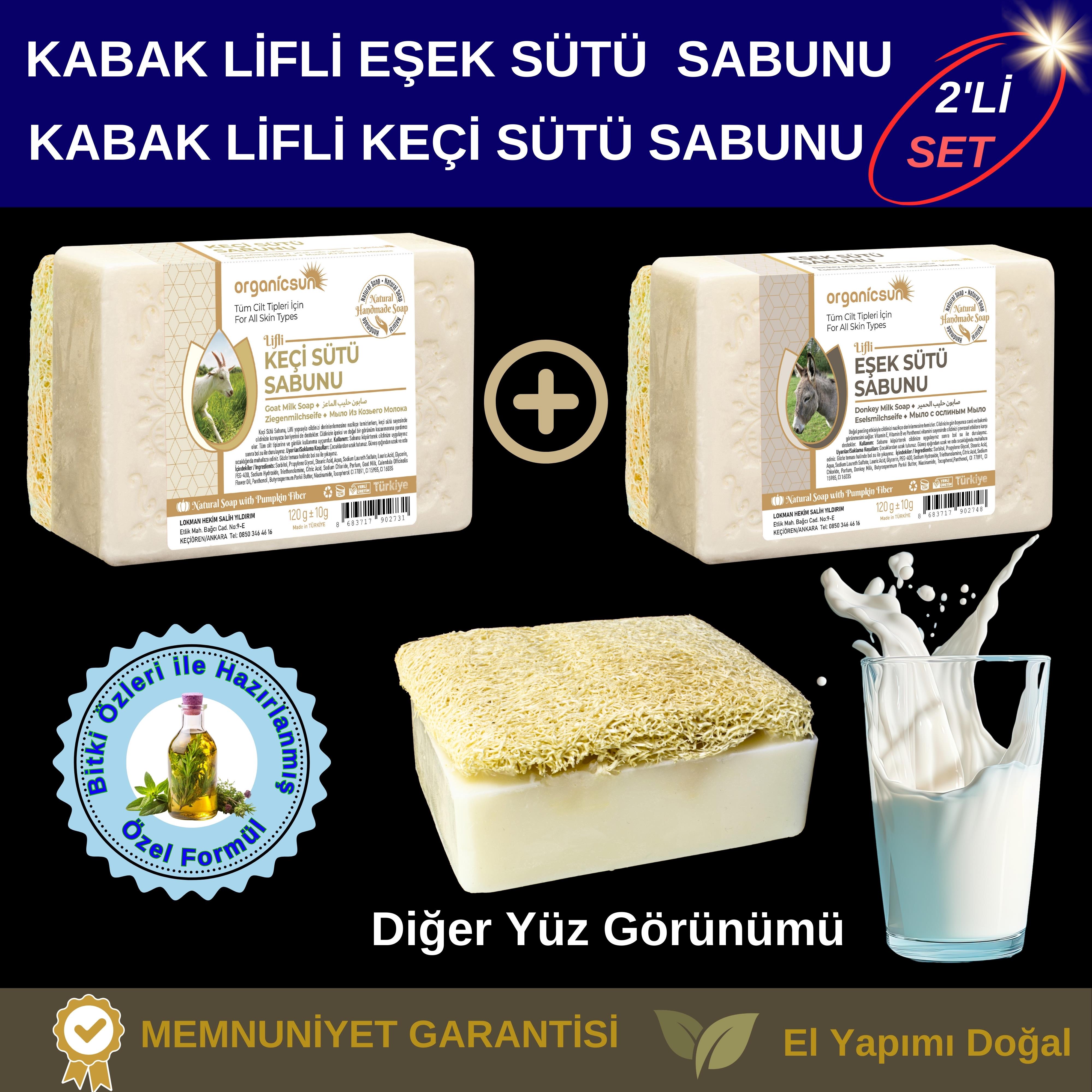 Organicsun Doğal Kabak Lifli Eşek Sütü Sabunu ve Kabak Lifli Keçi Sütü Sabunu 2'li Set