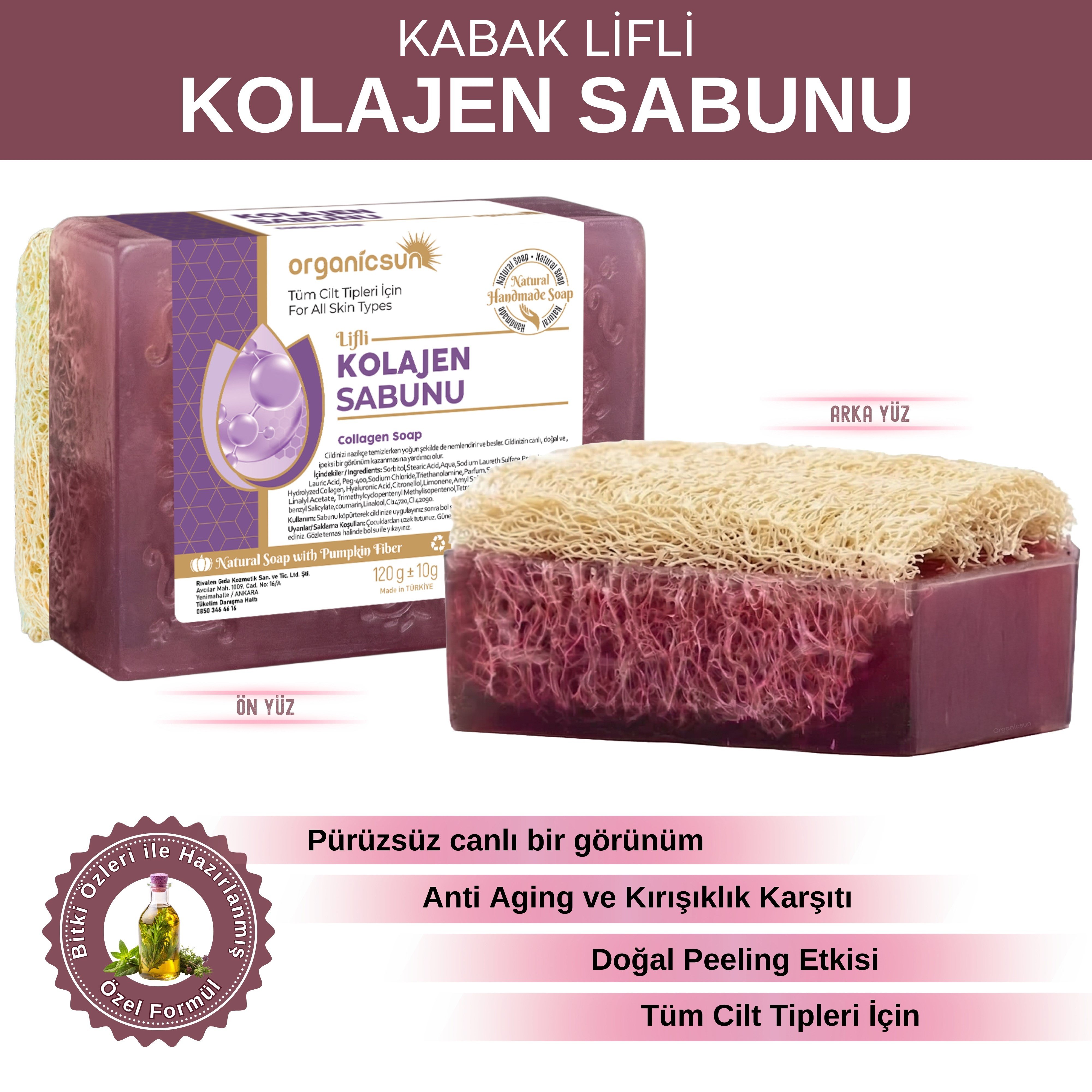 Organicsun Doğal Kabak Lifli Kolajen Collagen Sabunu 120 Gr - Tüm Cilt Tipleri - Anti Aging, Kırışıklık Karşıtı