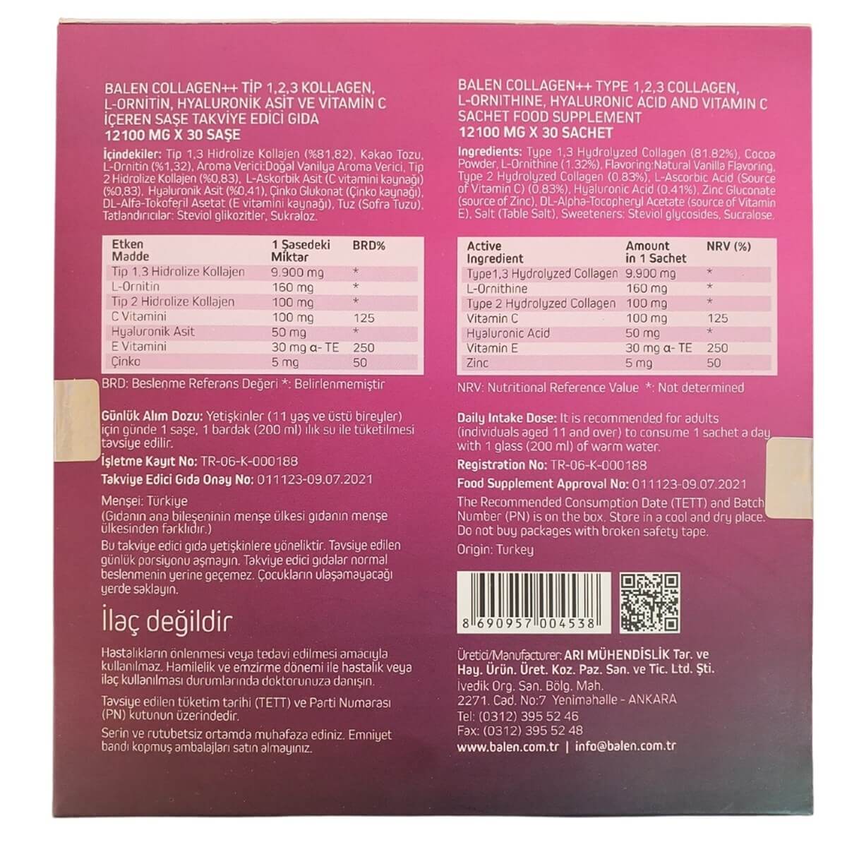 Balen Collagen Tip 1,2,3 L-Ornitin Hyaluronik Asit C Vitamini 30 Şase 12100mg