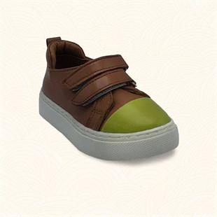 Lil Bugga Romeo, gerçek deri, yeşil ve karamel renk, erkek çocuk ilk adım ayakkabısı.