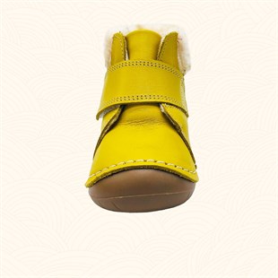 Lil Bugga Appa, gerçek deri, sarı renk, kız ve erkek bebek ilk adım ayakkabısı, önden görünüm.