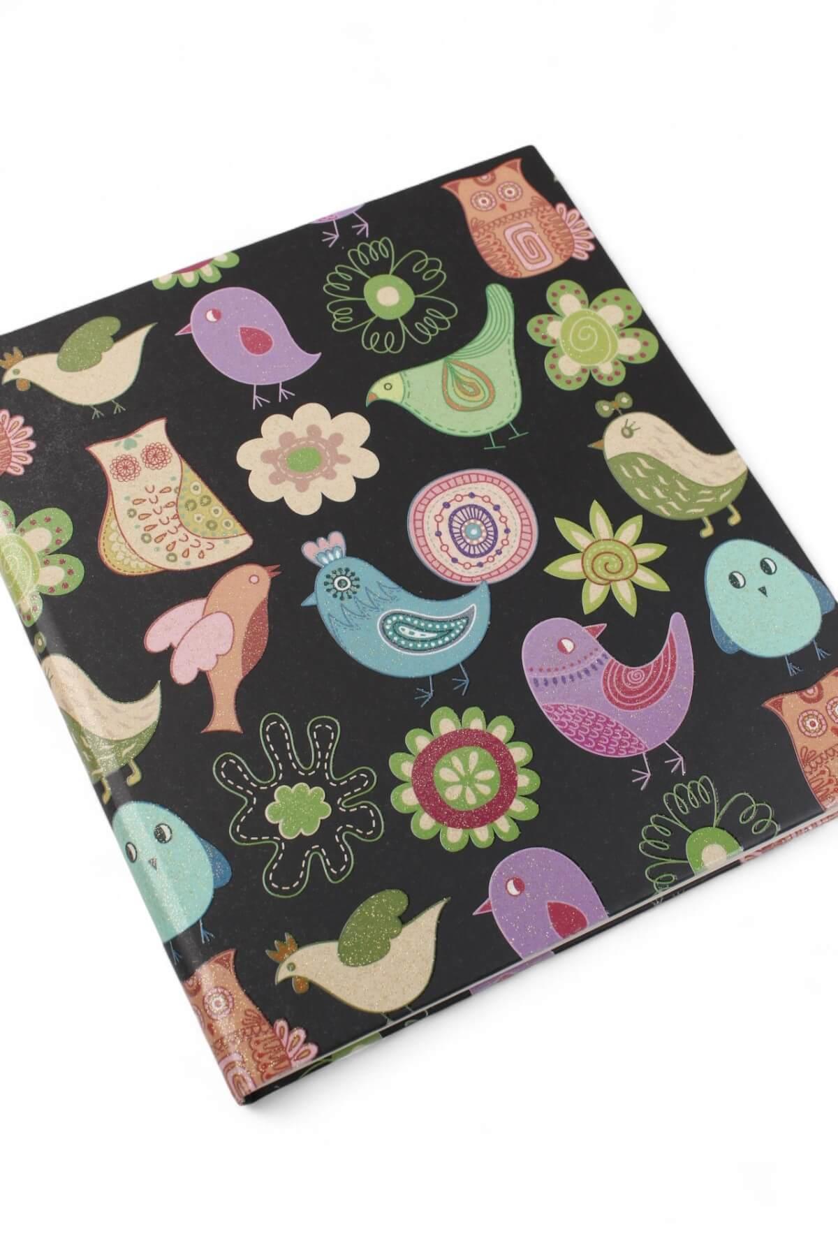 17x19,5cm Simli Kuş Desen Çizgili Sert Kapak 160 Sayfa Dikişli Defter