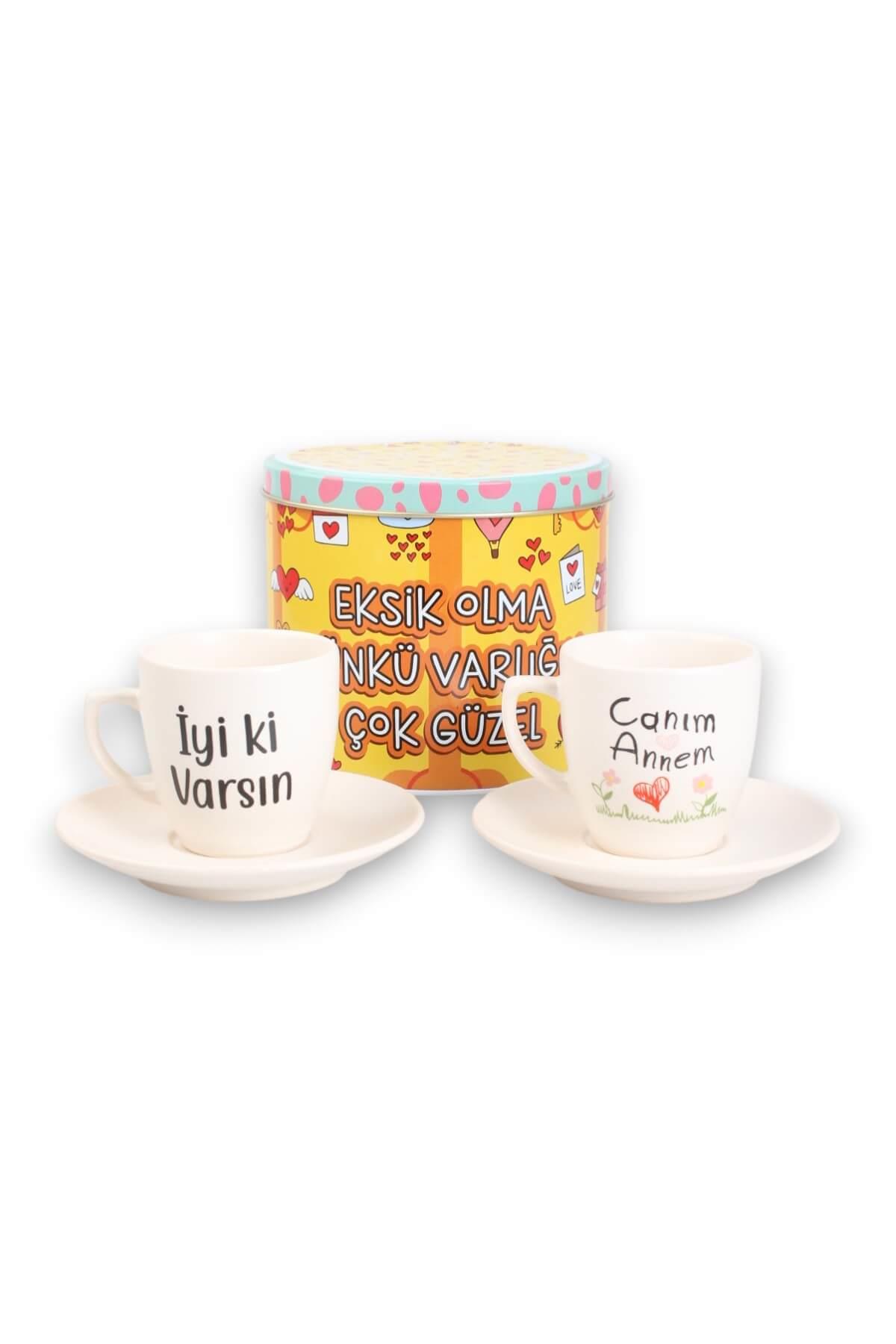2li İyi ki Varsın/Canım Annem Teneke Kutulu Türk Kahvesi Fincanı Seti