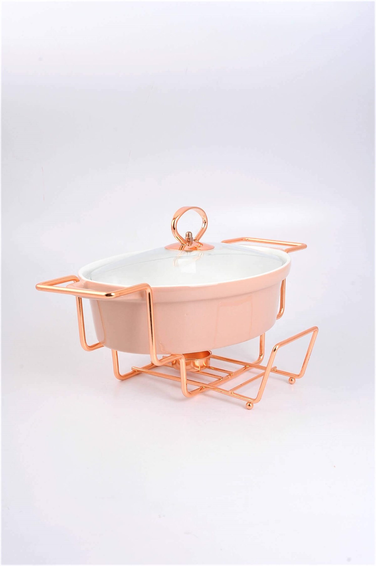 30cm Pembe Oval Porselen Fırın Kabı Rose Isıtıcılı Servis Ayaklı