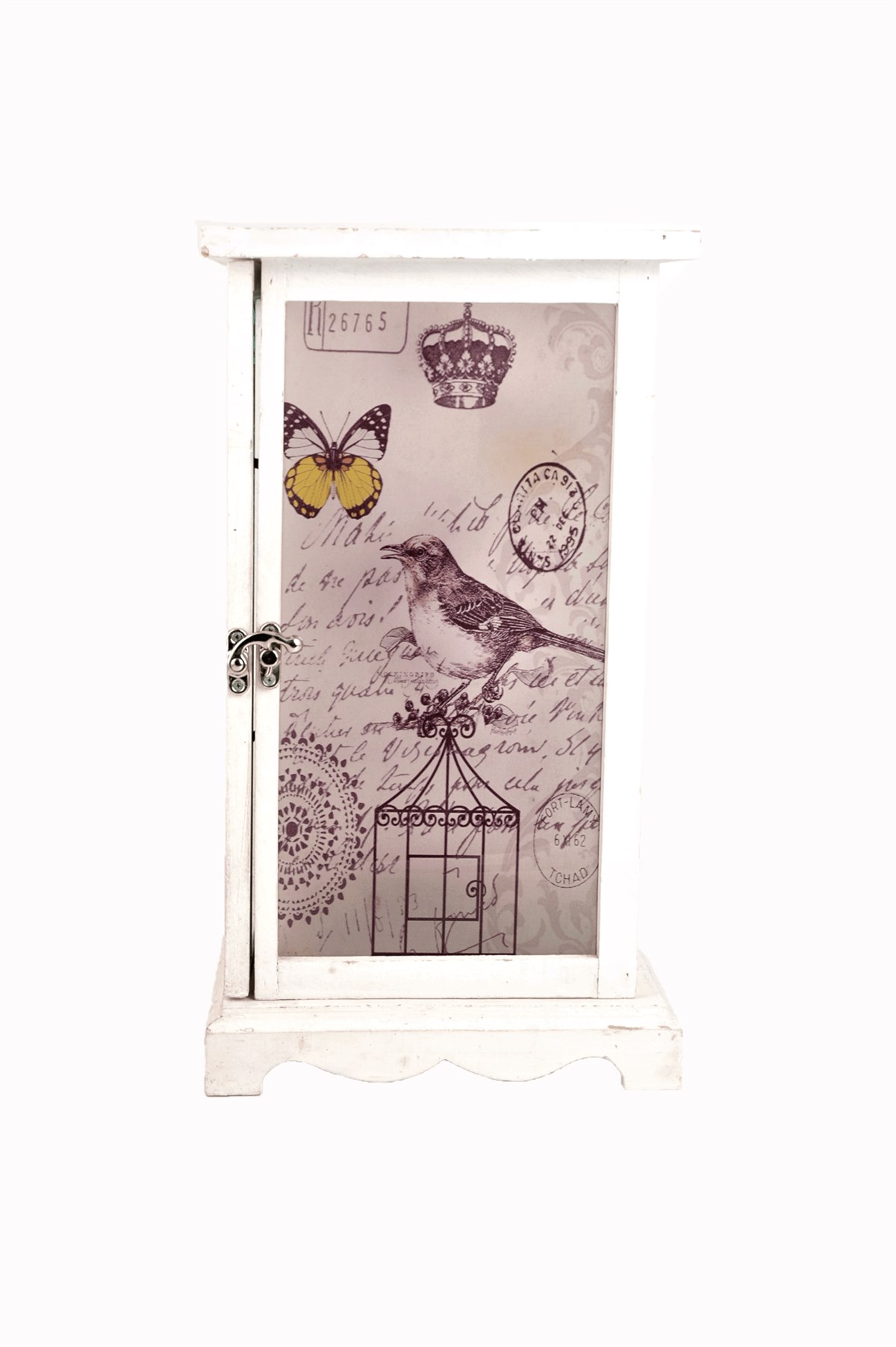 36 cm Beyaz Fener Kuş Desenli Ahşap Mumluk 