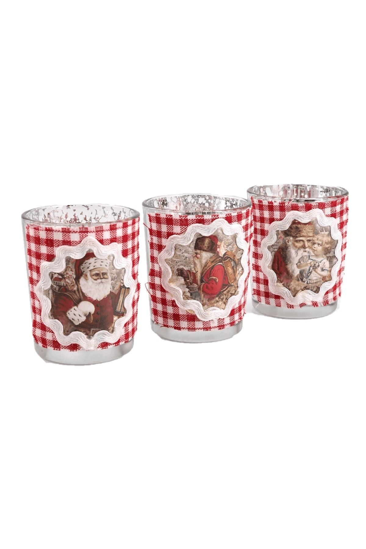 3lu Cam Bardak Mumluk Kareli Kumaş Nostaljik Noel Baba Resimli
