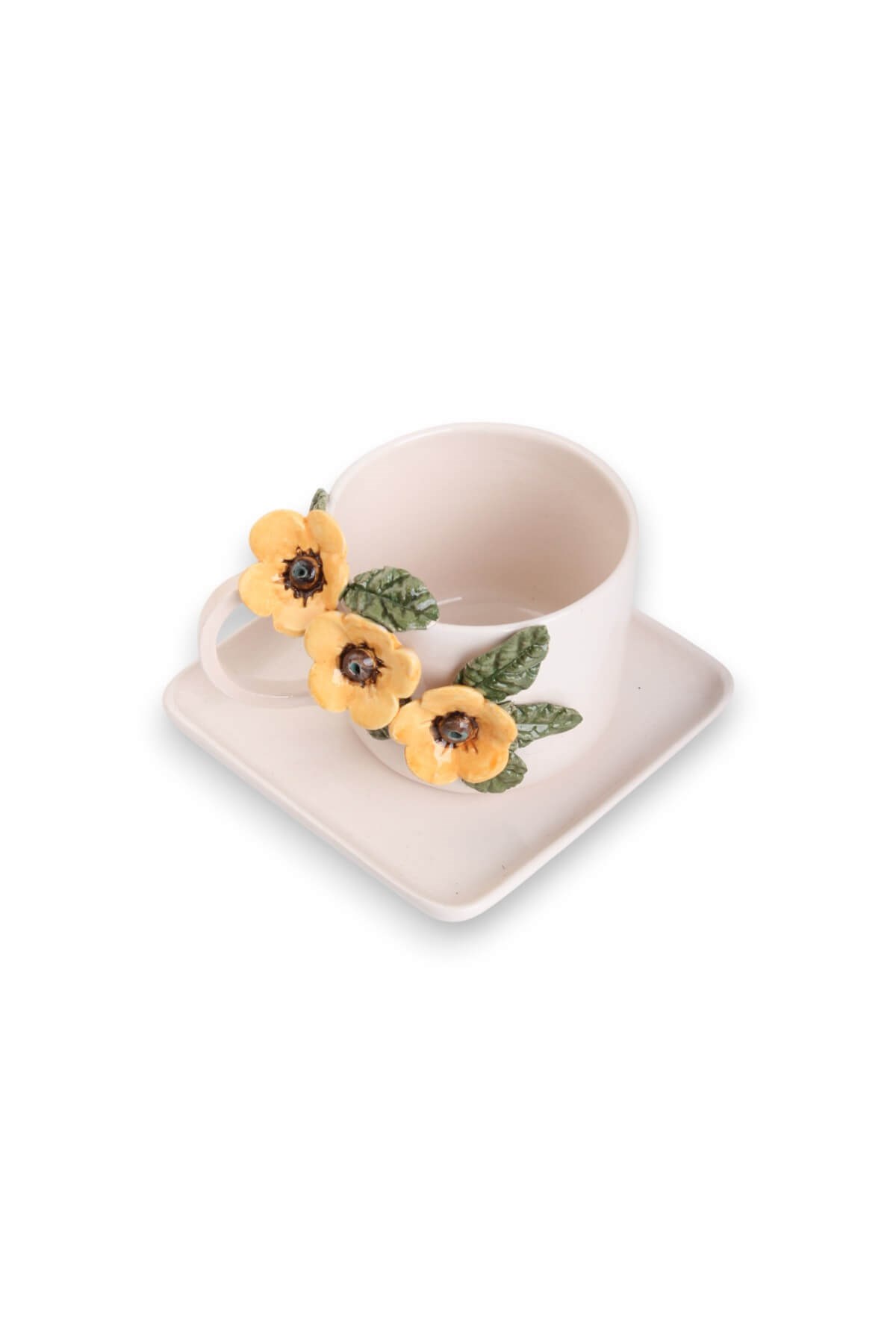 Anemone Detaylı Kare Düz  Tabaklı Kahve Fincanı