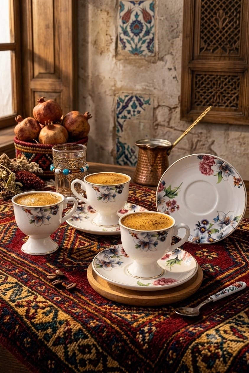 Renkli Çicek  Desenli Türk Kahvesi Fincan Takımı